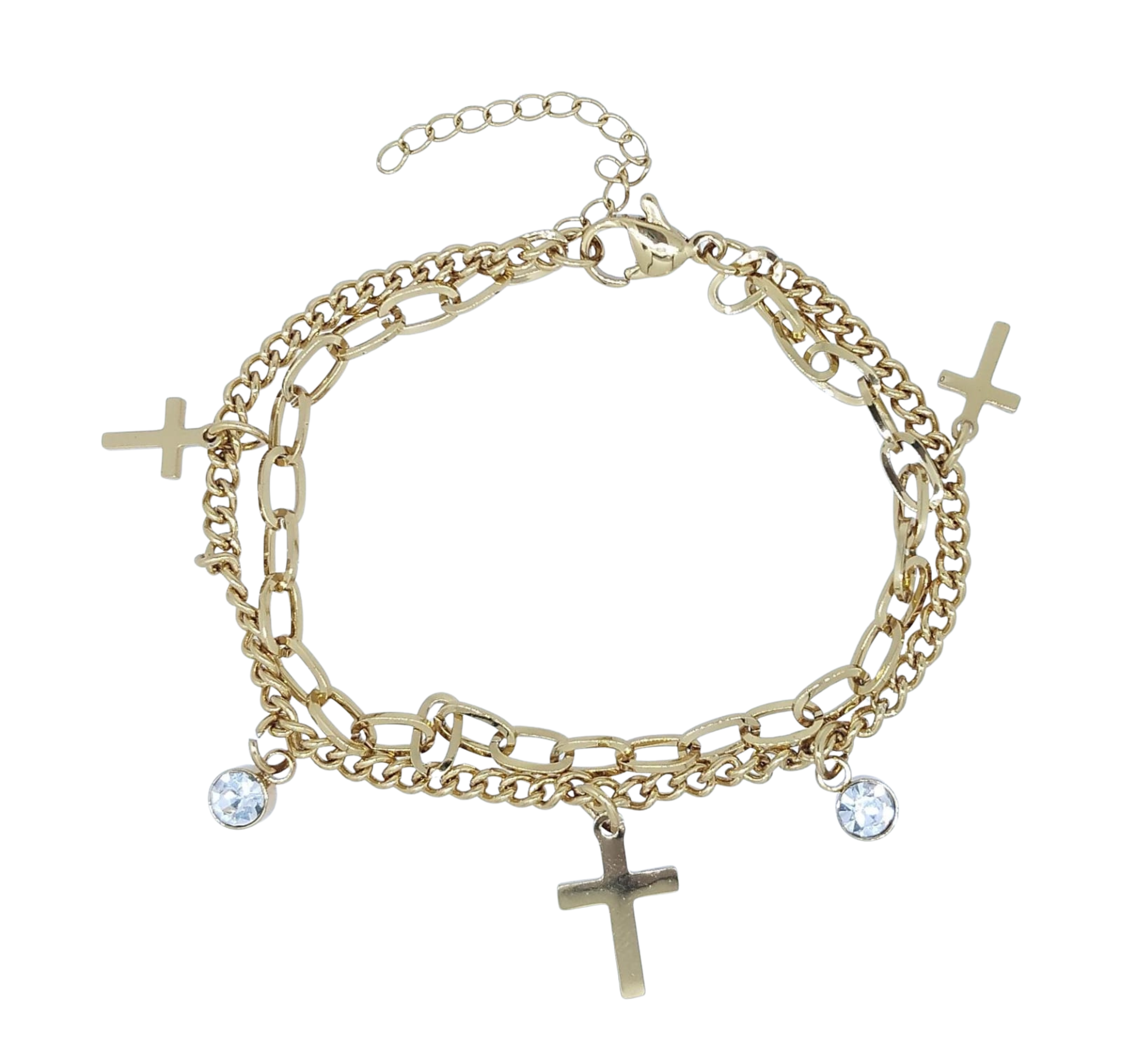 Pulsera Dorada Doble 3 Cruces Lisas - Acero Inoxidable
