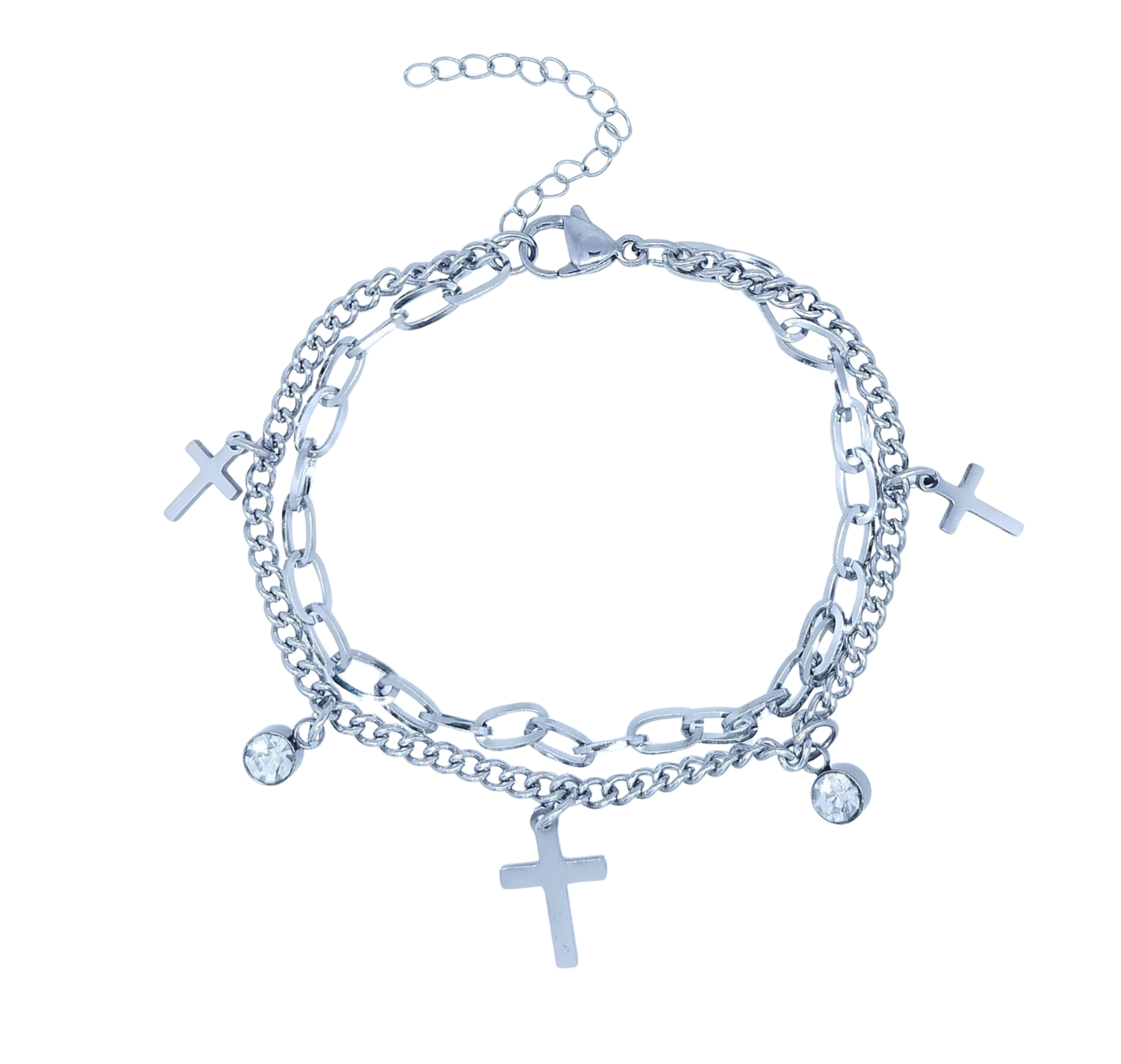 Pulsera Plateada Doble 3 Cruces Lisas - Acero Inoxidable