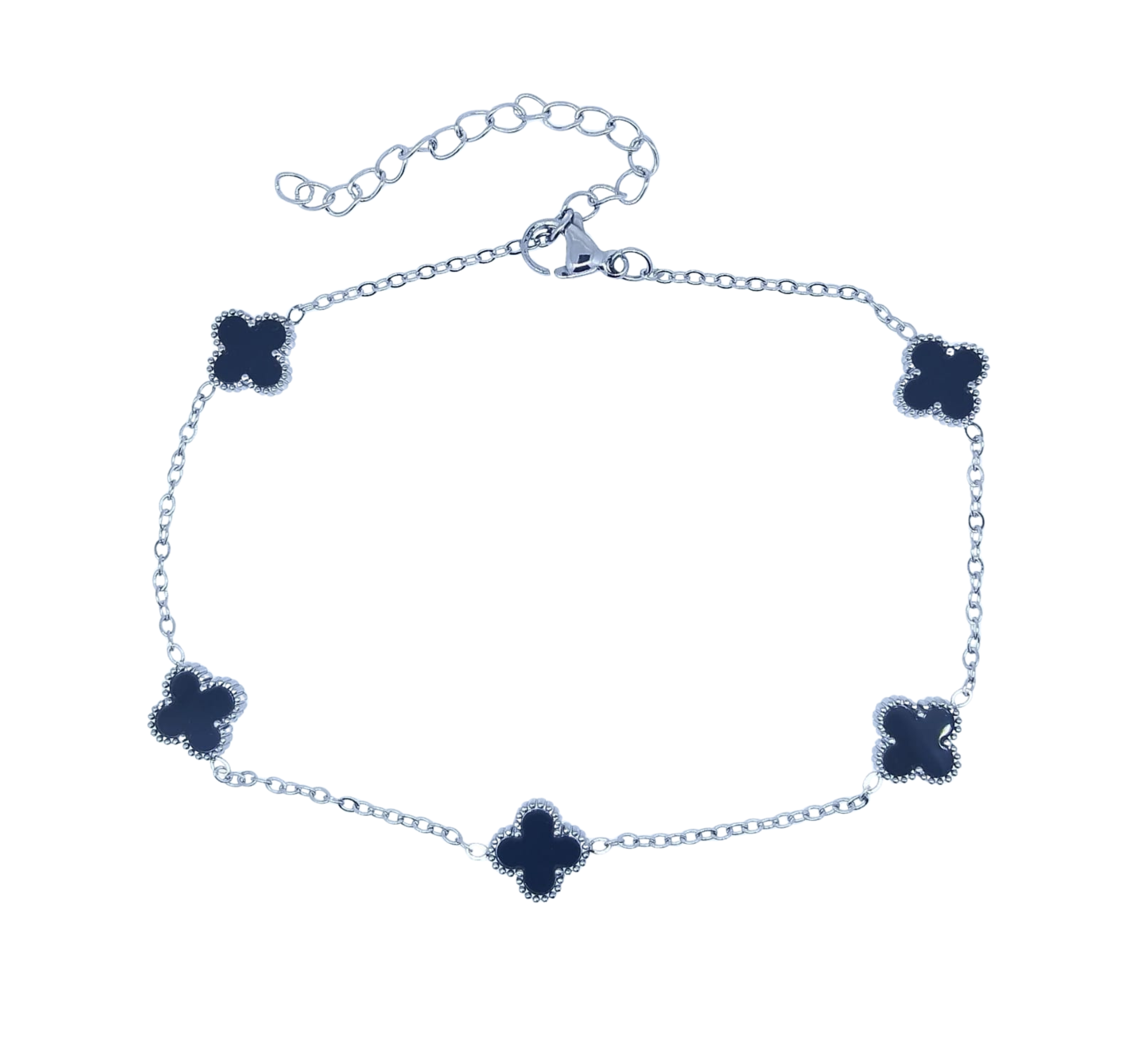 Pulsera Plateada 5 Mini Tréboles Negro - Acero Inoxidable