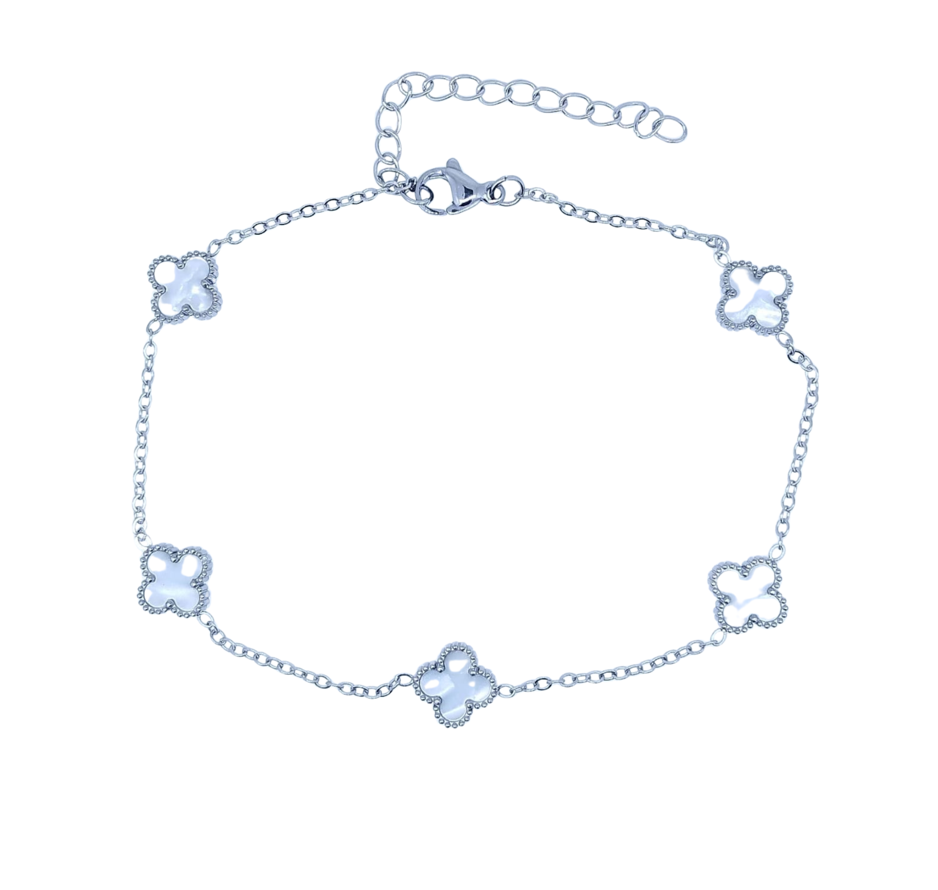 Pulsera Plateada 5 Mini Tréboles Blancos - Acero Inoxidable