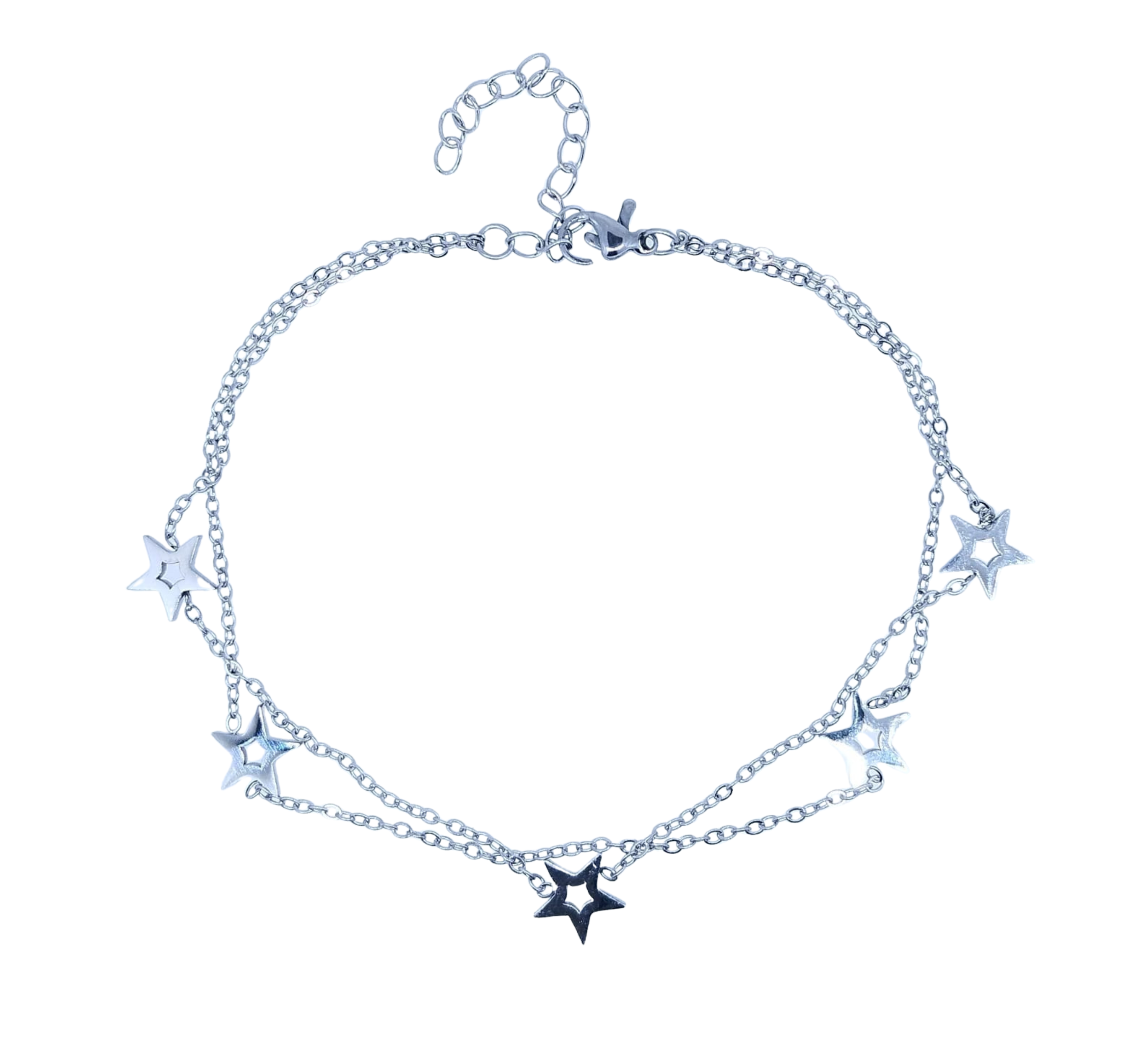 Pulsera Plateada Doble 5 Estrellas Lisas Perforadas - Acero Inoxidable