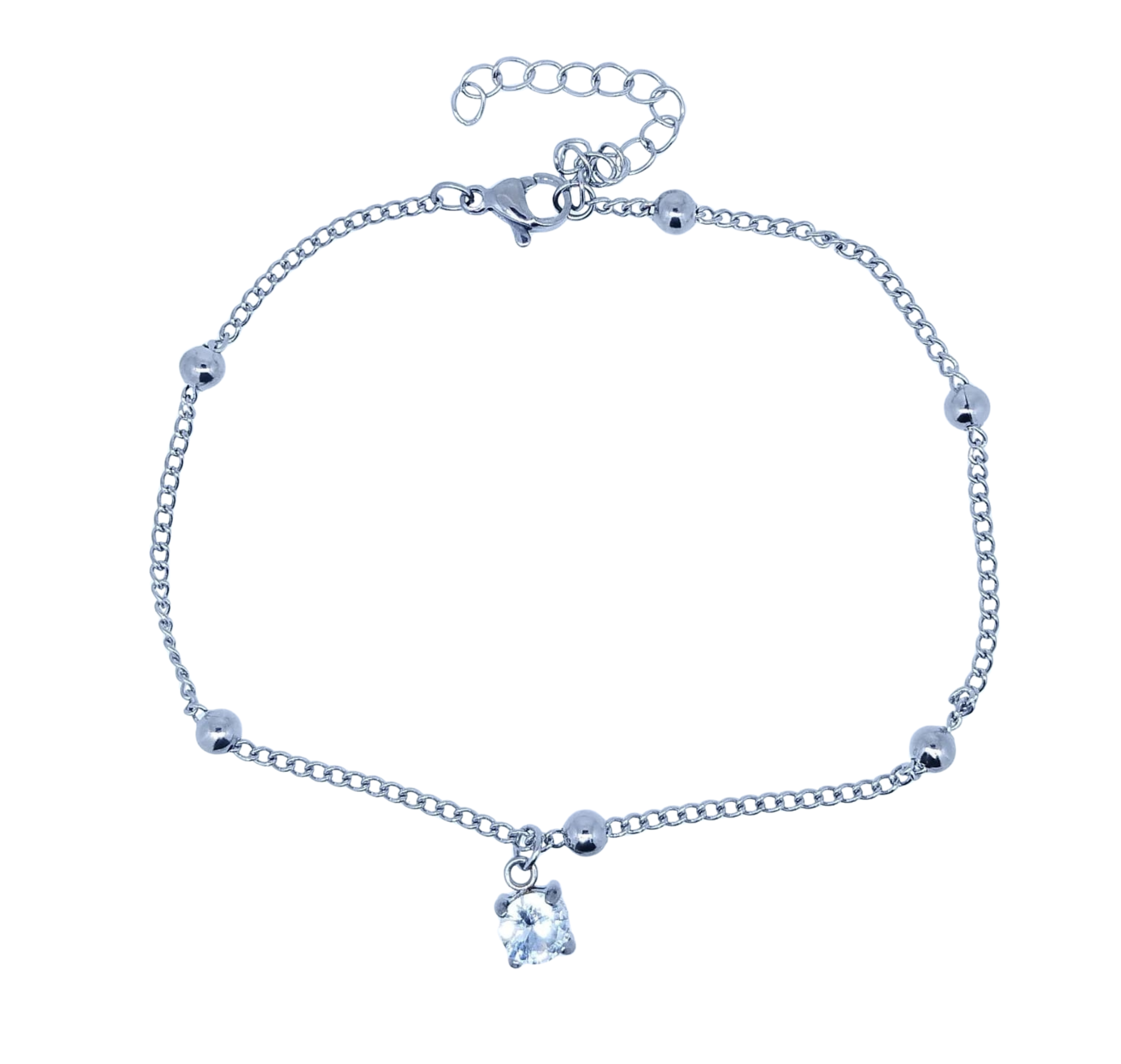 Pulsera Plateada Bolitas Colgantes y Brillo al Centro - Acero Inoxidable