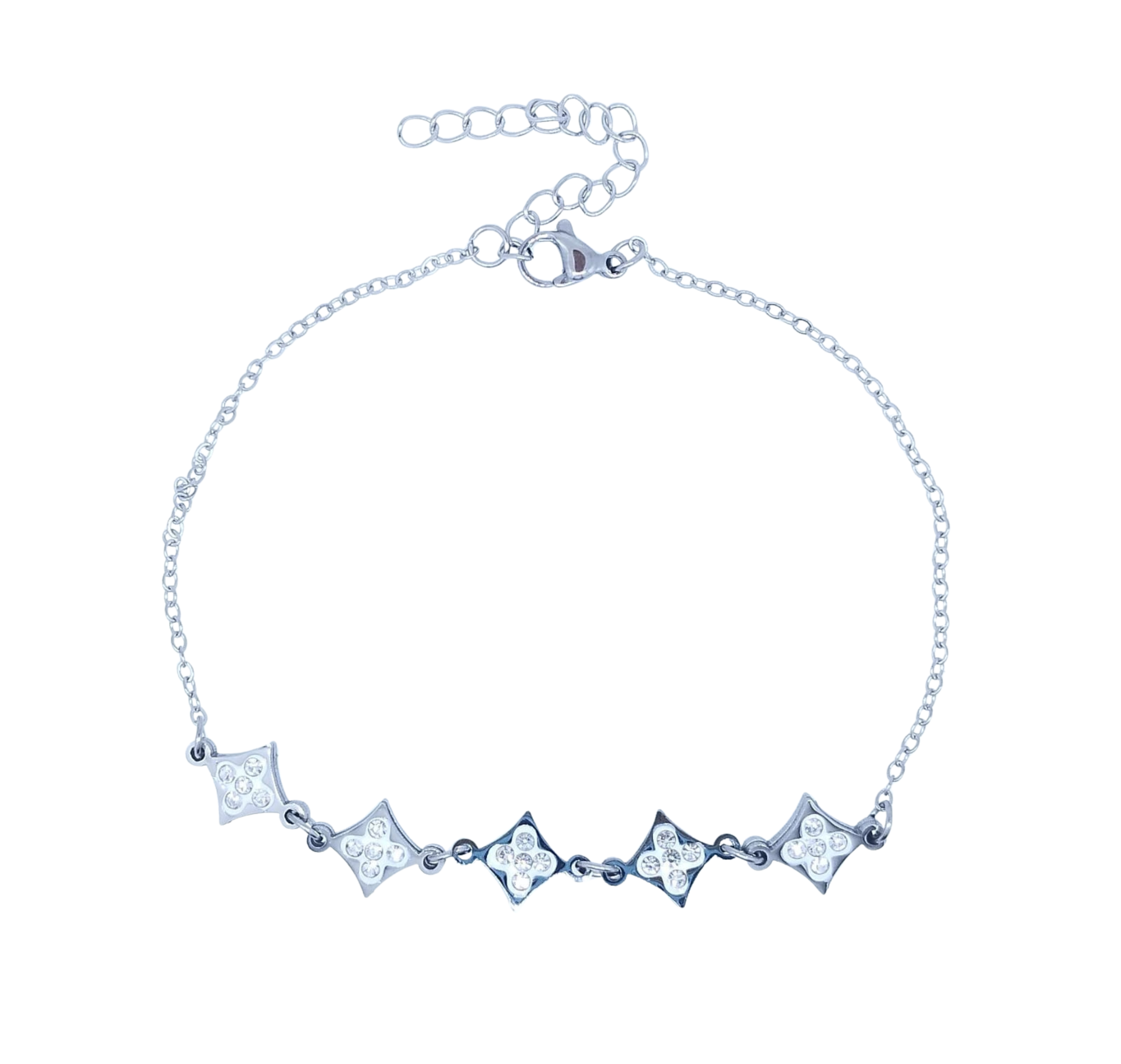 Pulsera Plateada 5 Rombos con Brillos al Centro - Acero Inoxidable