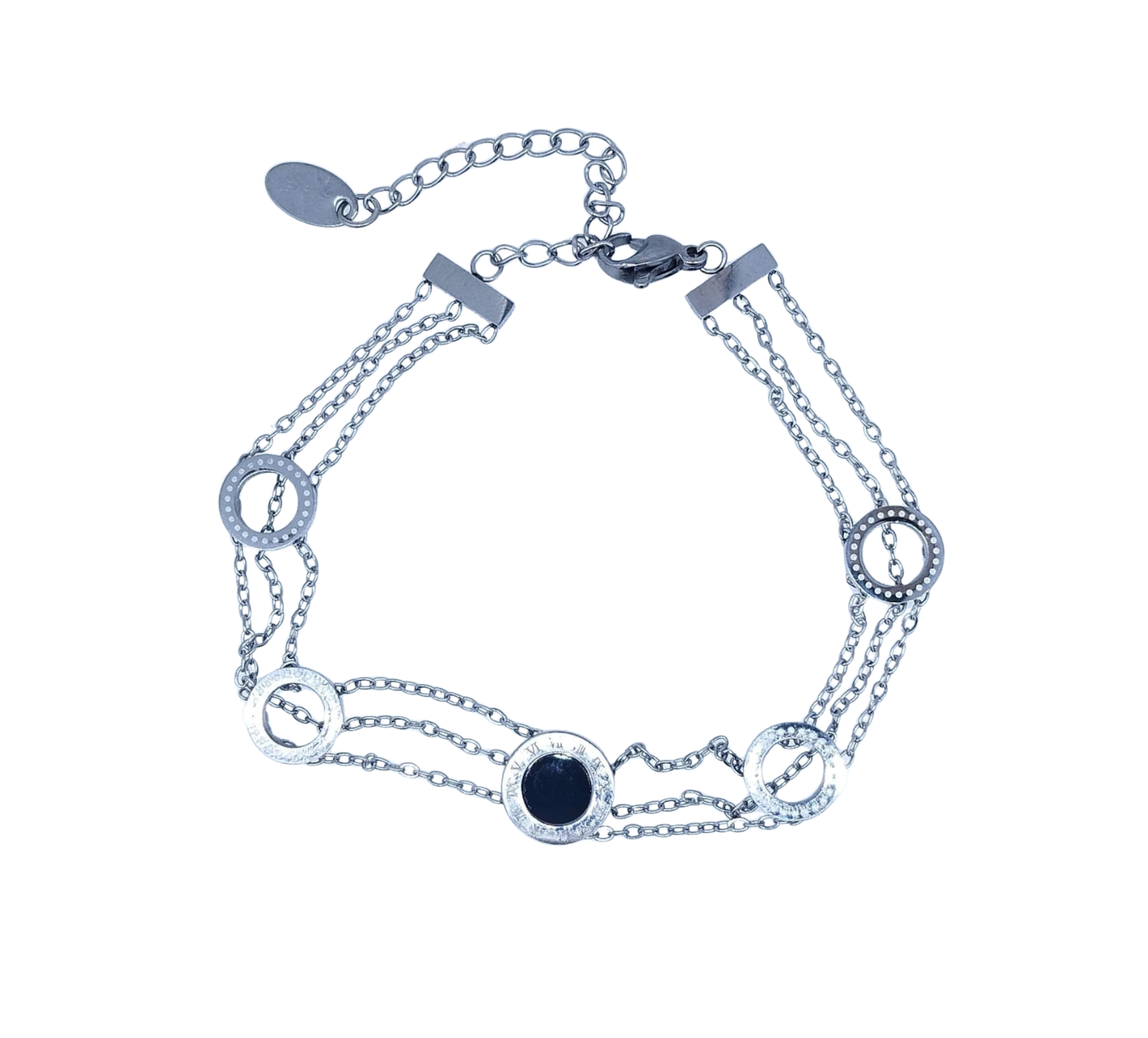 Pulsera Plateada 4 Círculos Perforados y 1 Negro Liso - Acero Inoxidable