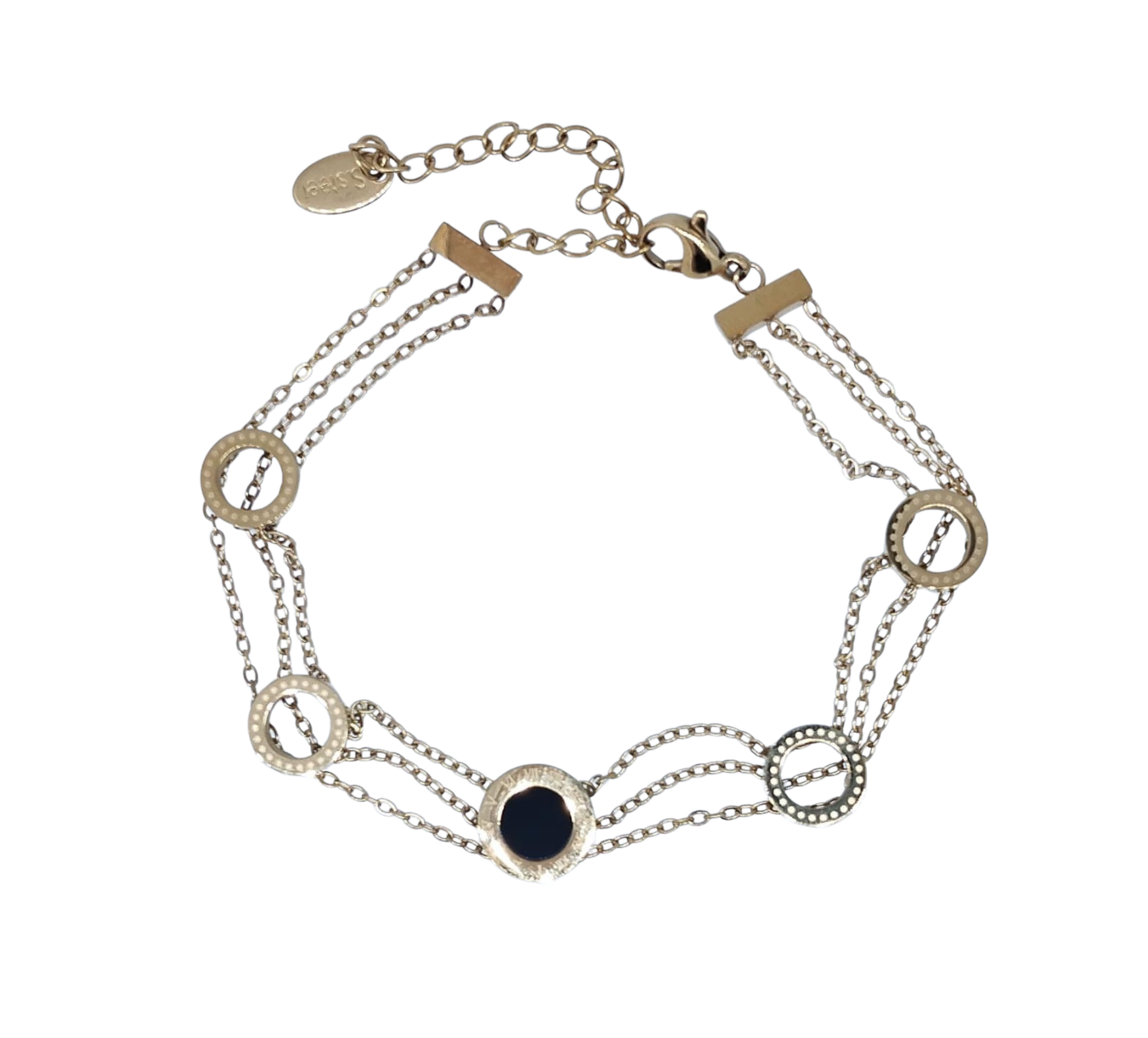 Pulsera Dorada 4 Círculos Perforados y 1 Negro Liso - Acero Inoxidable