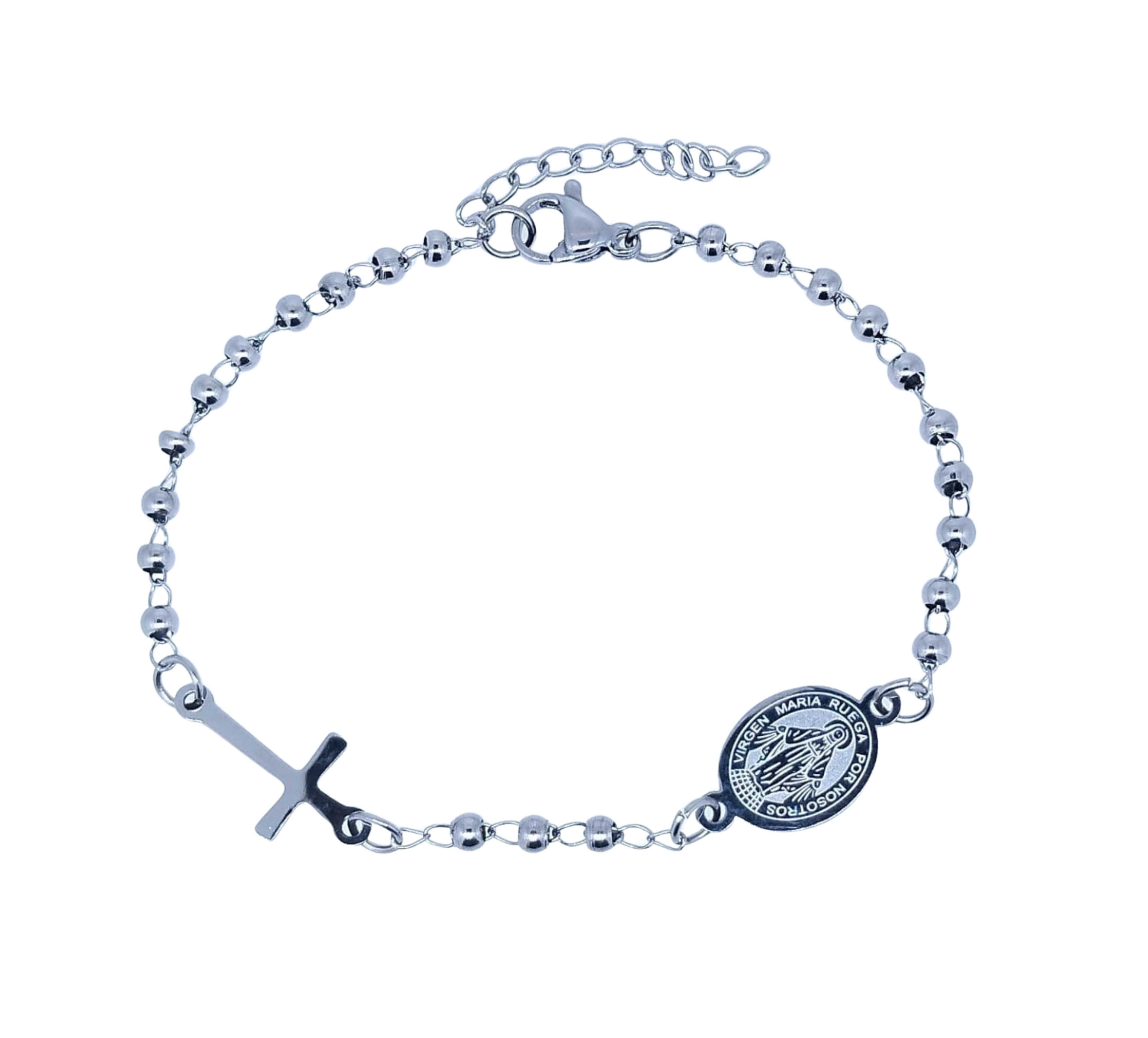 Pulsera Plateada Virgencita de Guadalupe y Cruz - Acero Inoxidable