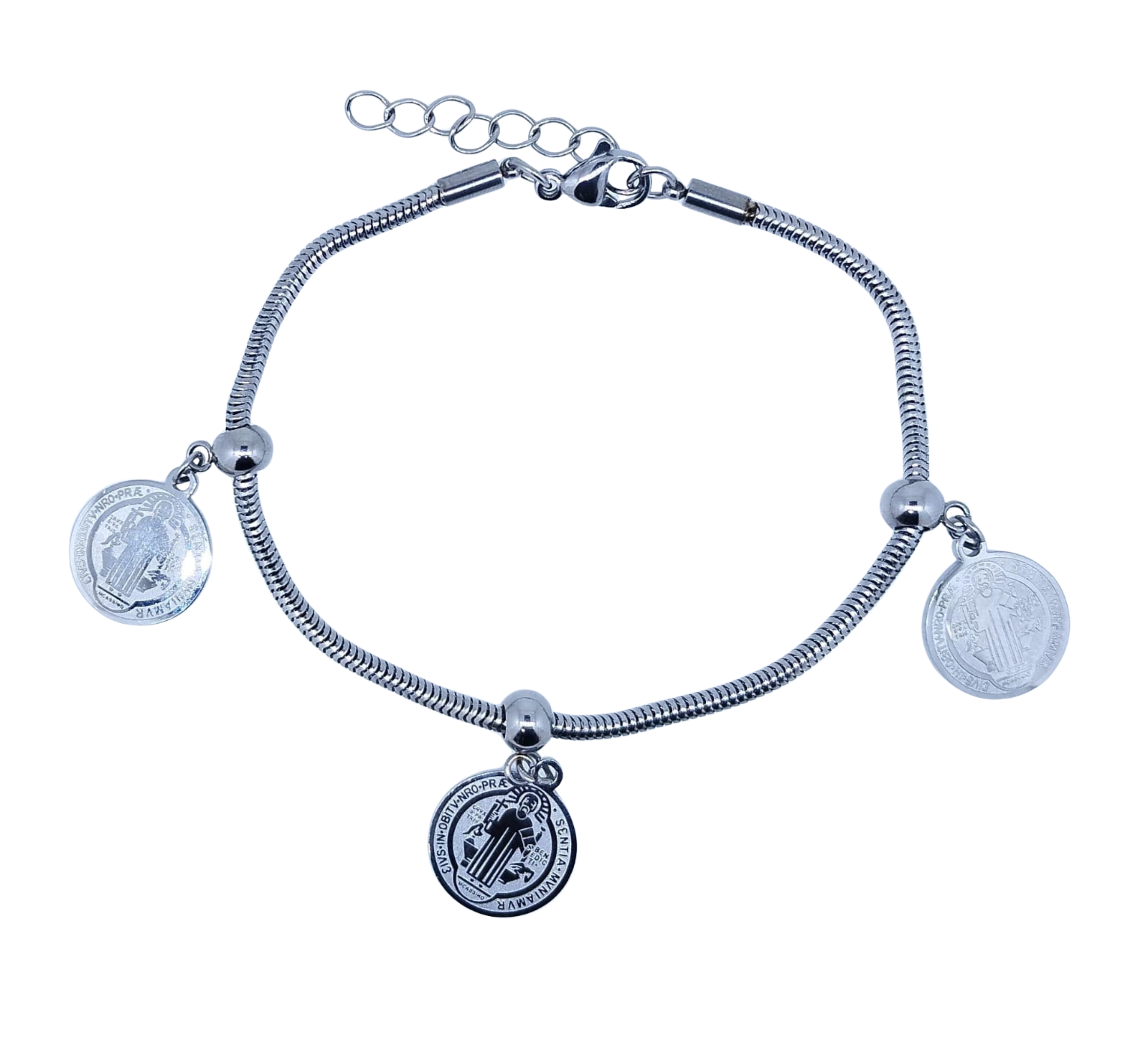 Pulsera Plateada 3 Monedas San Benito - Acero Inoxidable