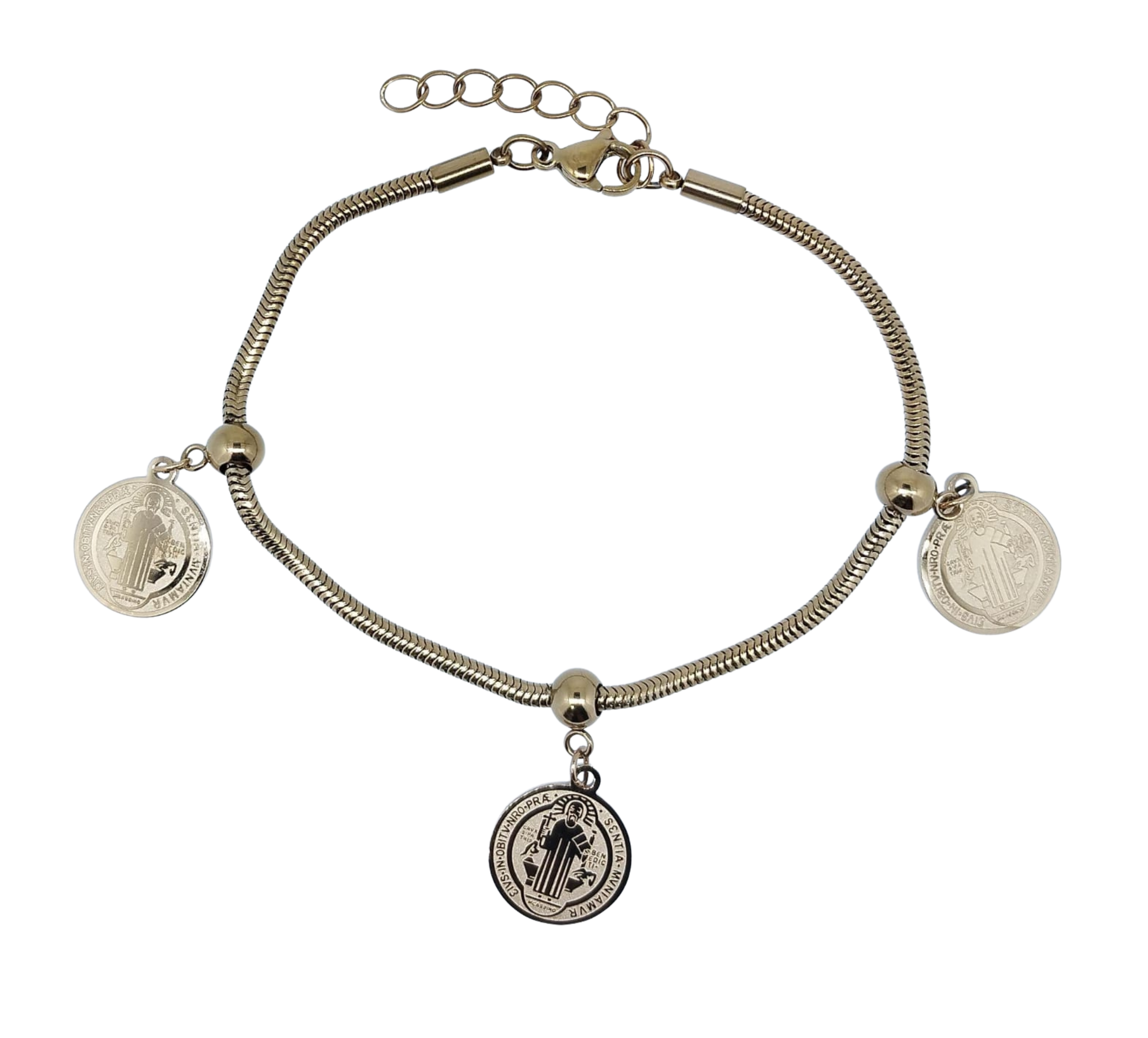 Pulsera Dorada 3 Monedas San Benito - Acero Inoxidable