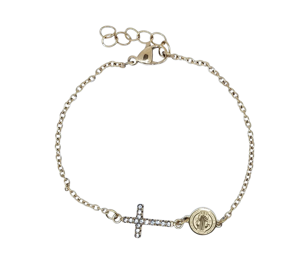 Pulsera Dorada San Benito y Cruz con Brillos - Acero Inoxidable