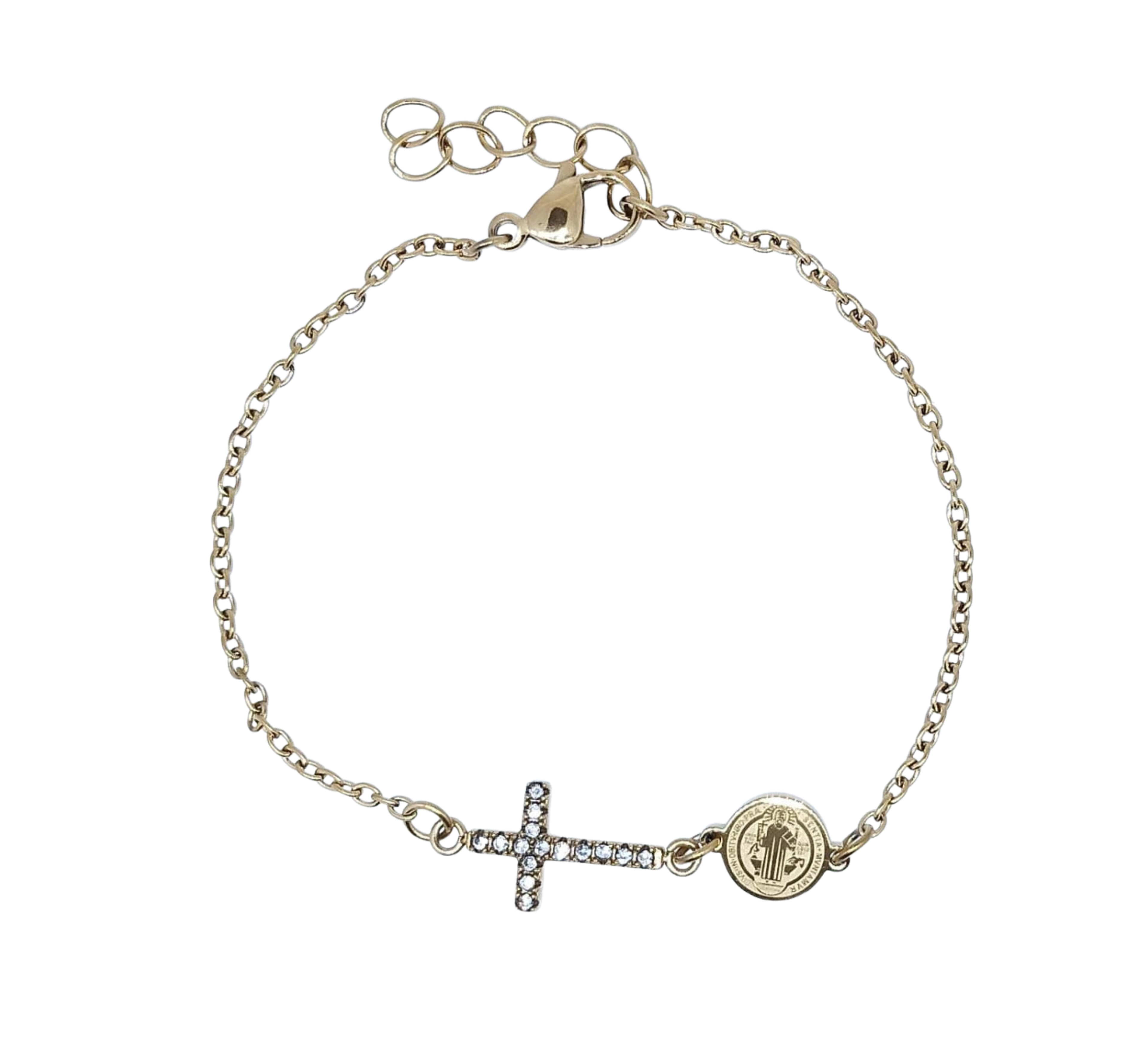 Pulsera Dorada San Benito y Cruz con Brillos - Acero Inoxidable