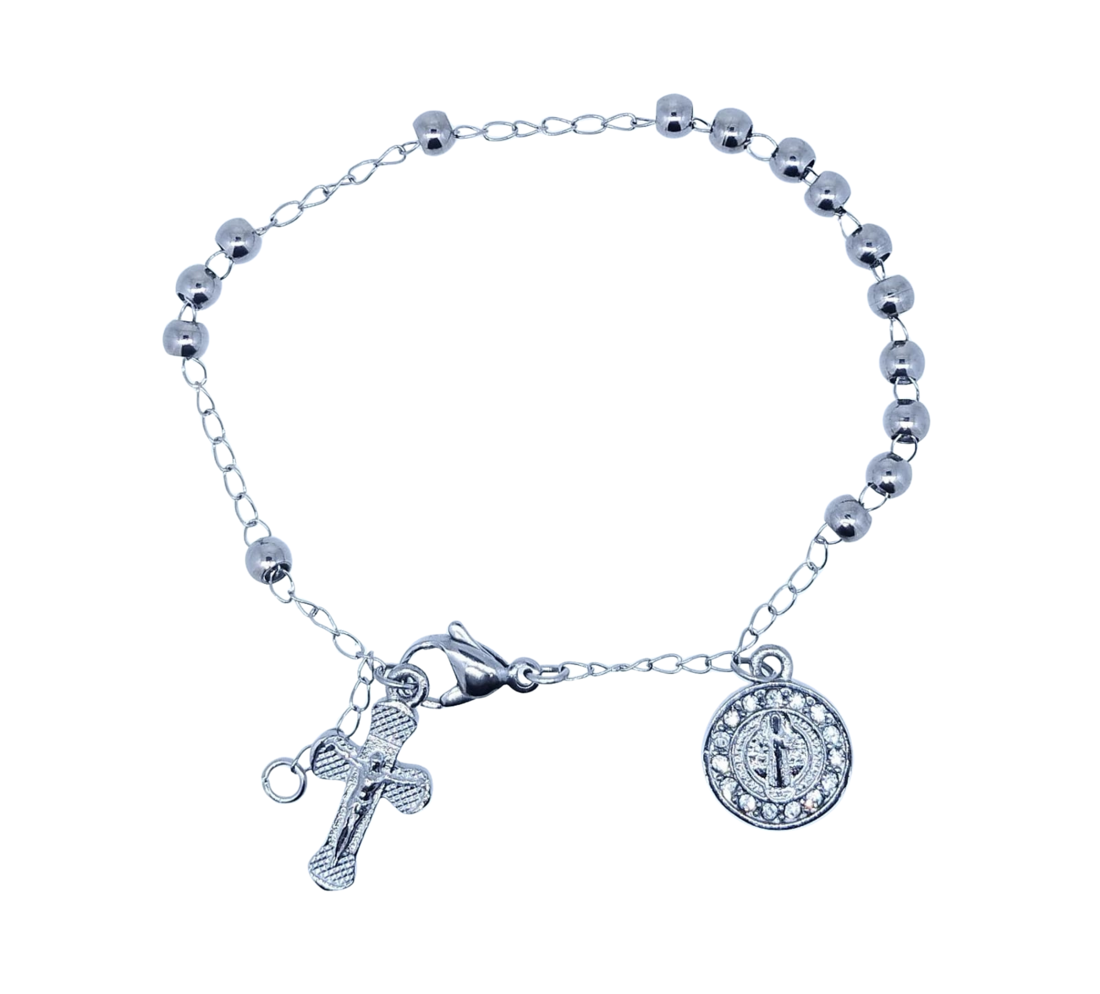 Pulsera Plateada Cruz y Bolitas Pequeñas - Acero Inoxidable