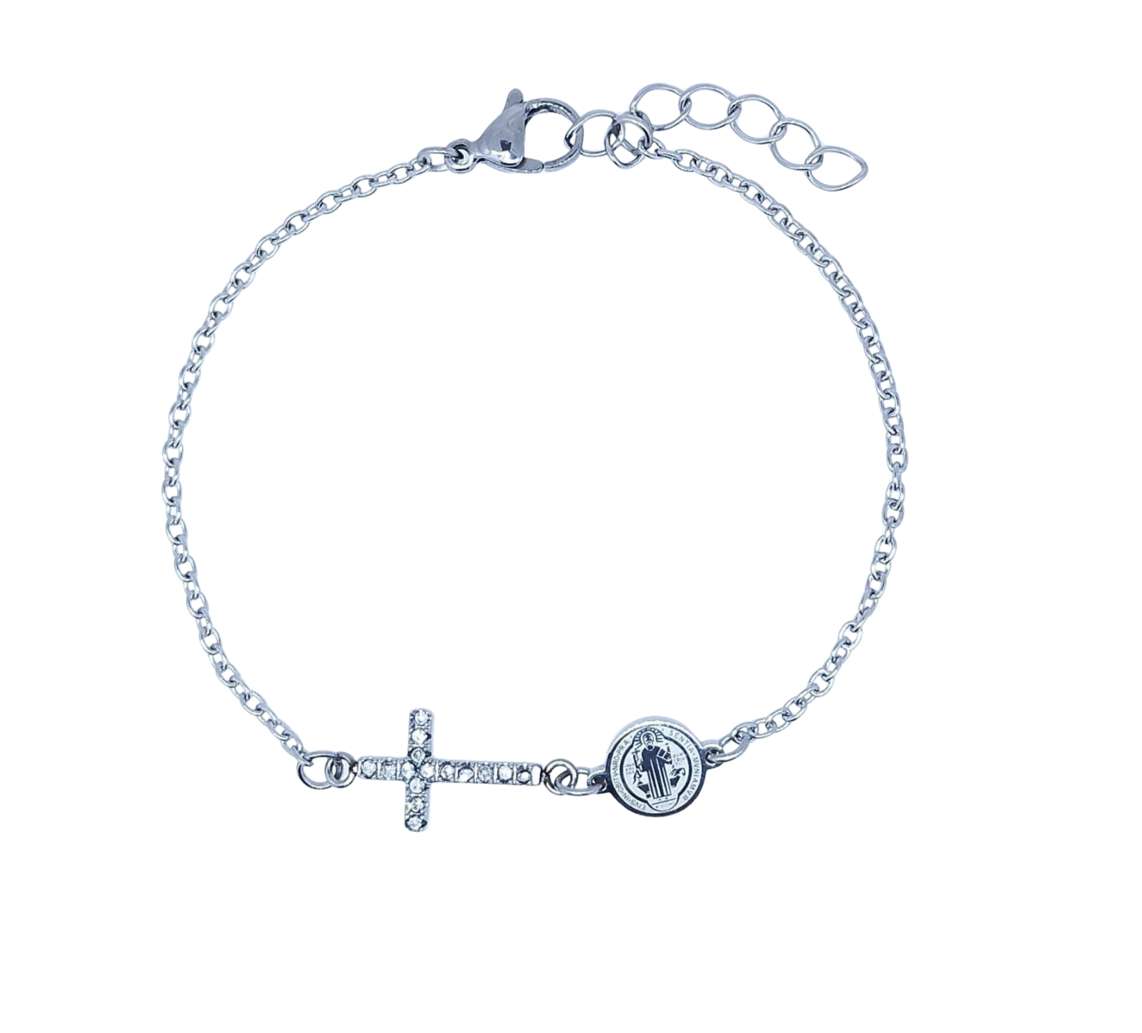 Pulsera Plateada San Benito y Cruz con Brillos - Acero Inoxidable