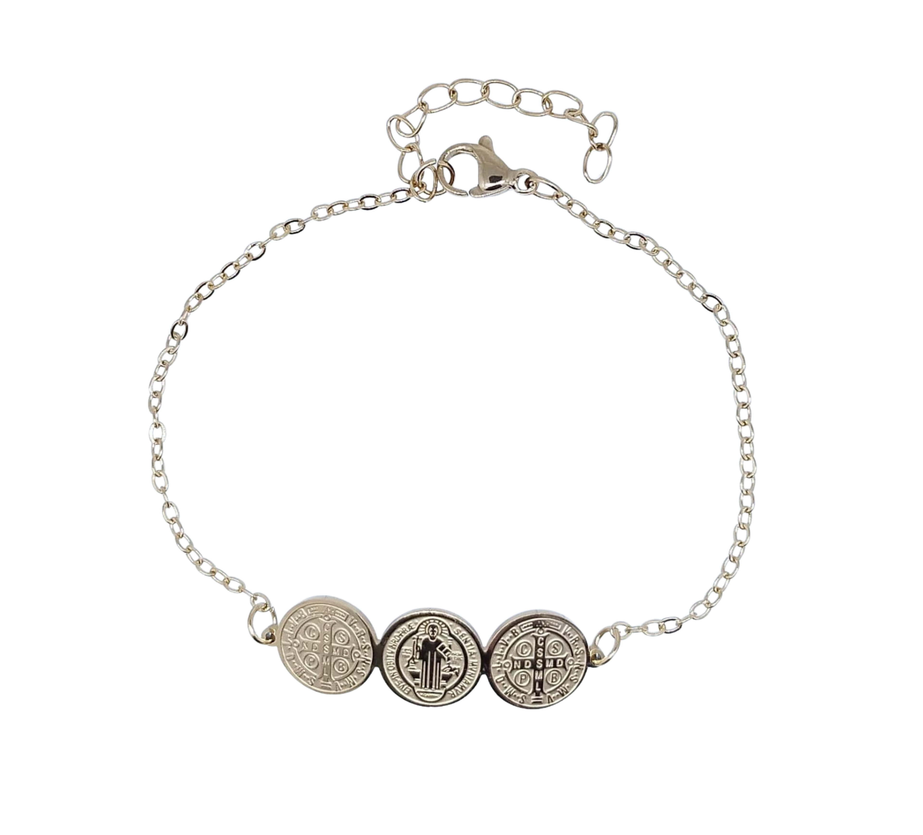 Pulsera Dorada Religiosa 3 Monedas San Benito - Acero Inoxidable