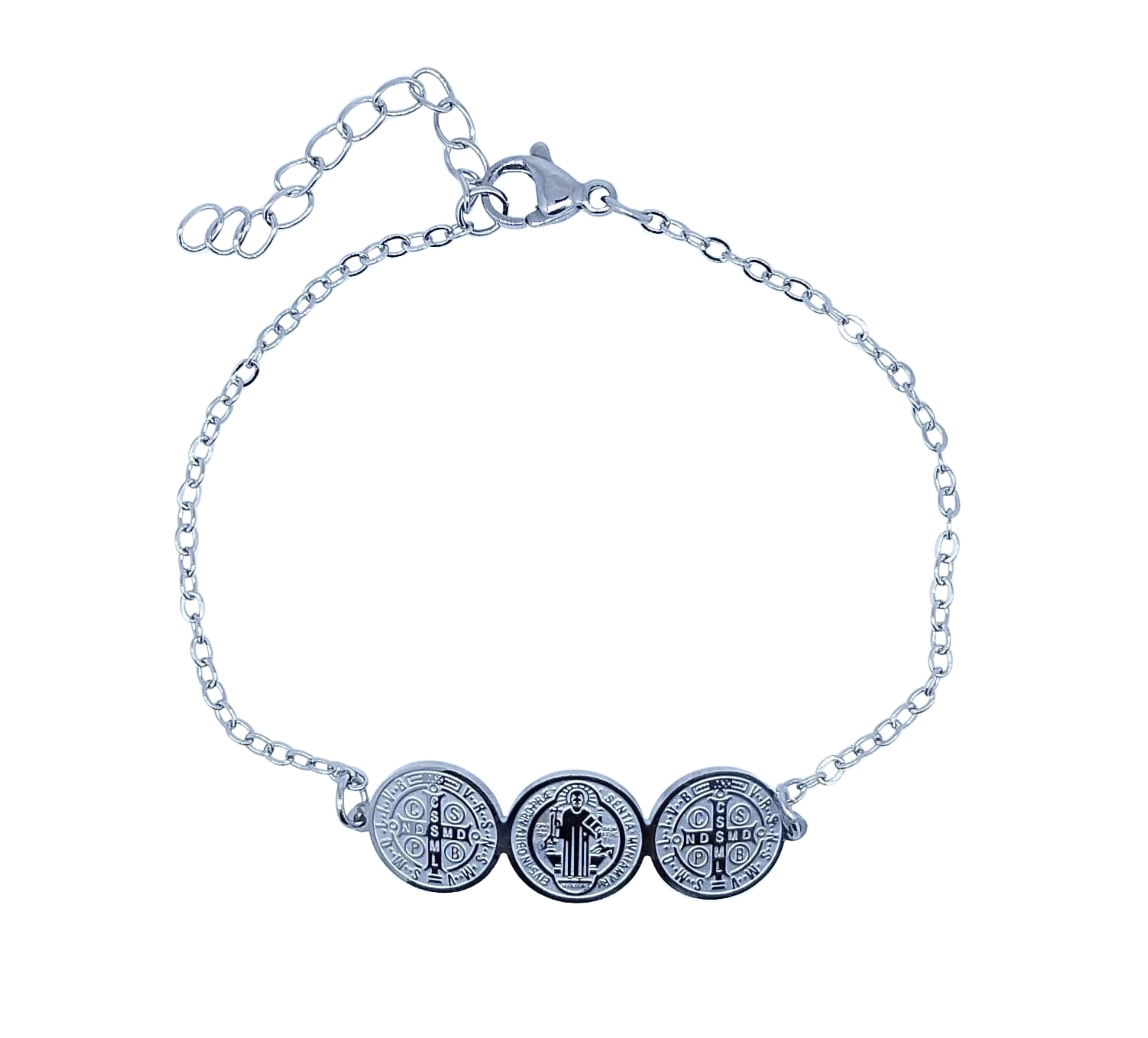 Pulsera Plateada Religiosa 3 Monedas San Benito - Acero Inoxidable