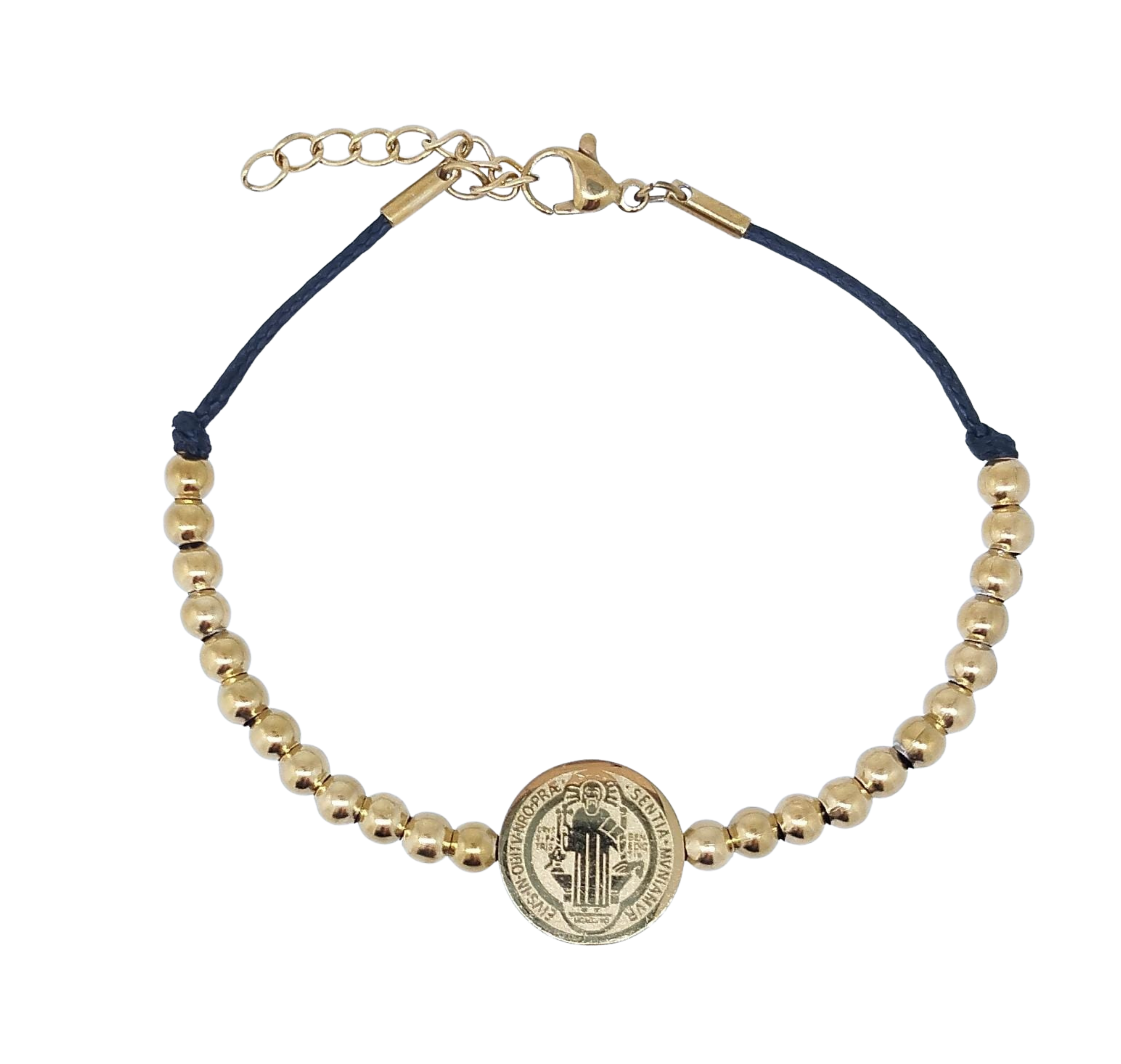 Pulsera Bolitas Doradas y Moneda San Benito al Centro - Acero Inoxidable