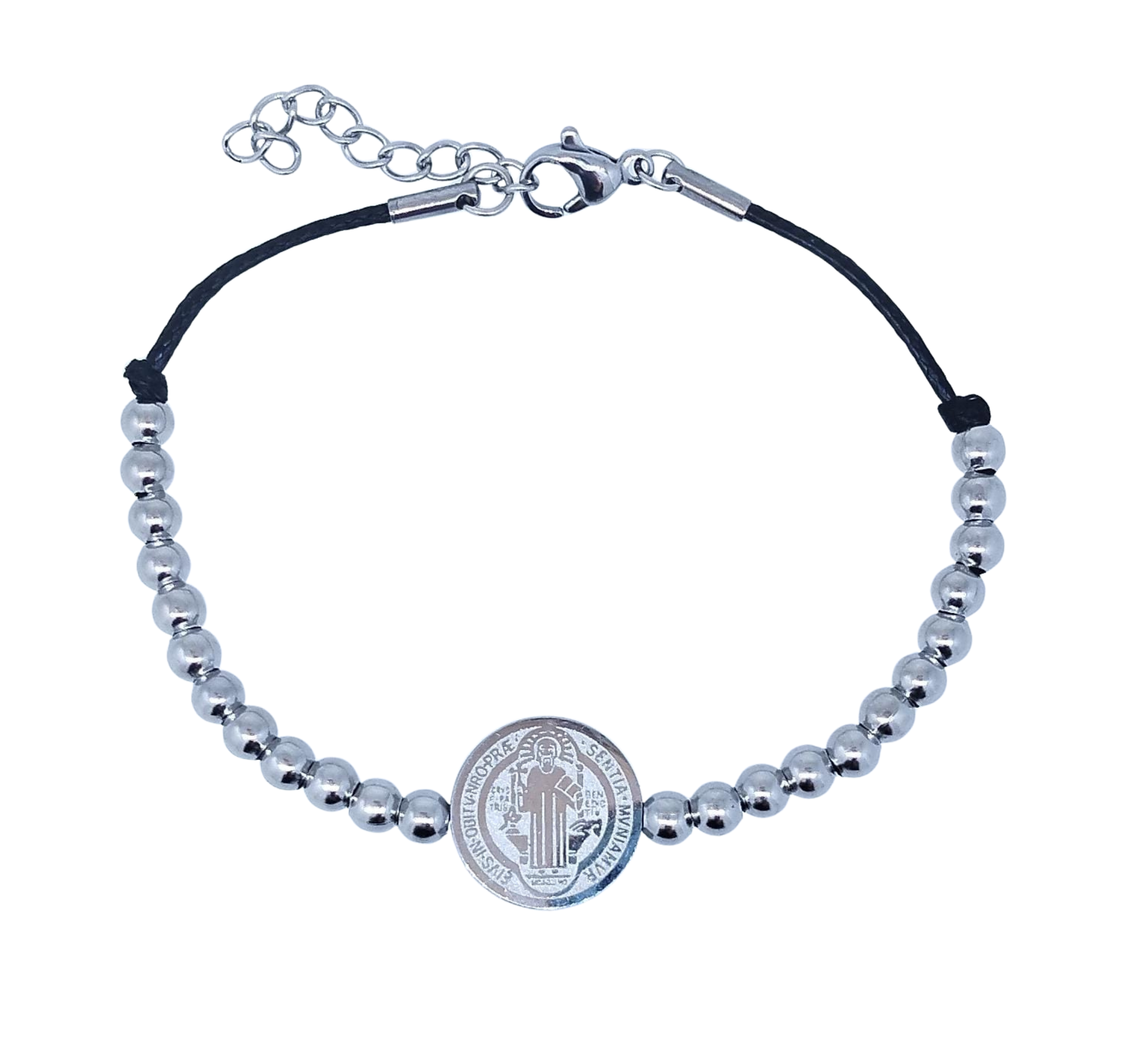 Pulsera Bolitas Plateadas y Moneda San Benito al Centro - Acero Inoxidable