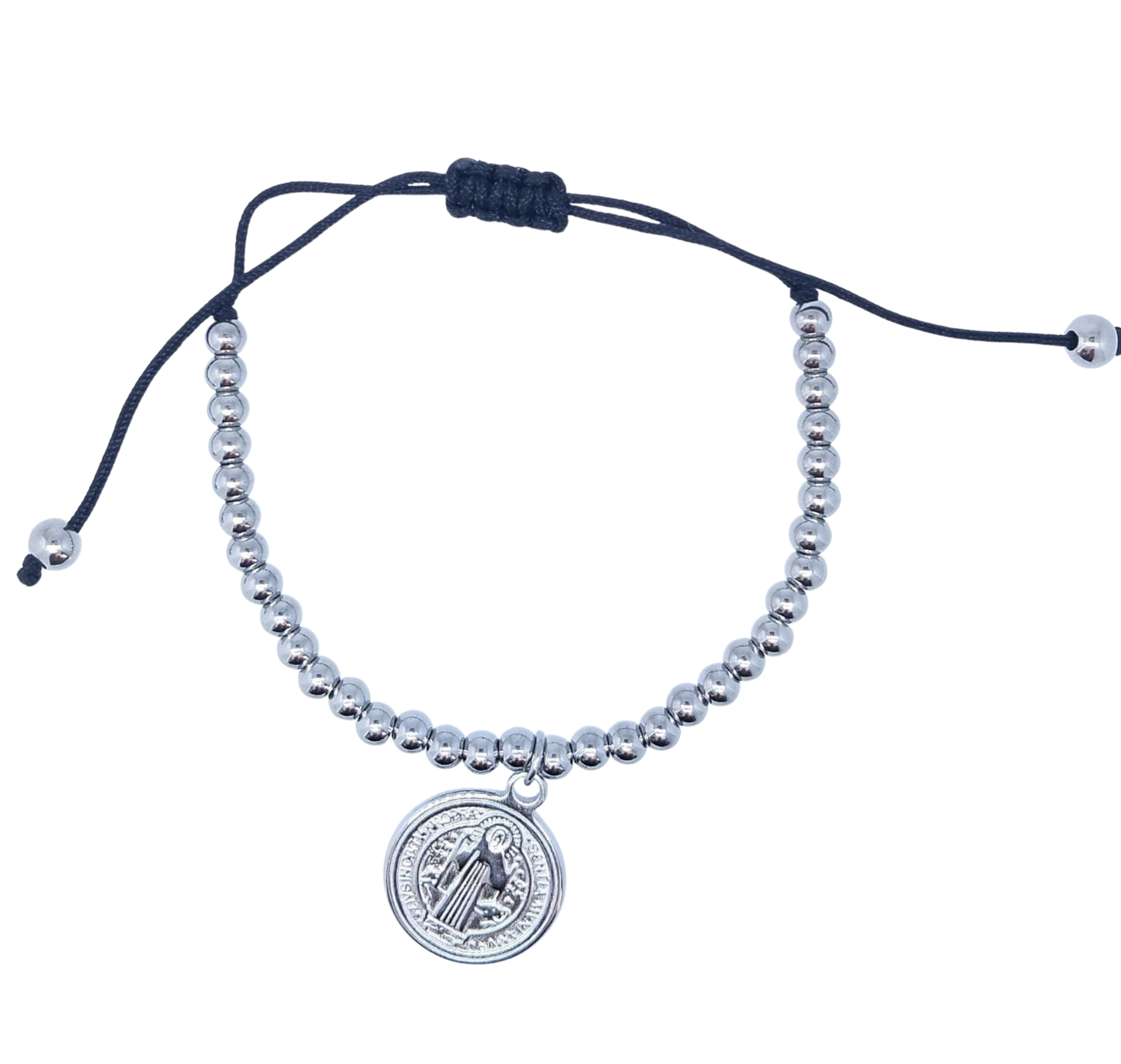 Pulsera Plateada con Moneda San Benito Colgante - Acero Inoxidable