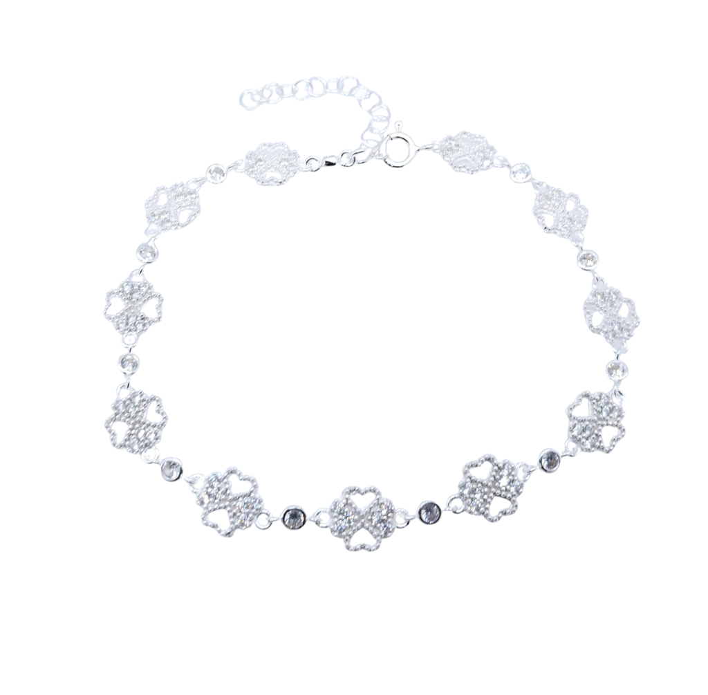 Pulsera Plateada Trébol con Brillos – Plata Italiana