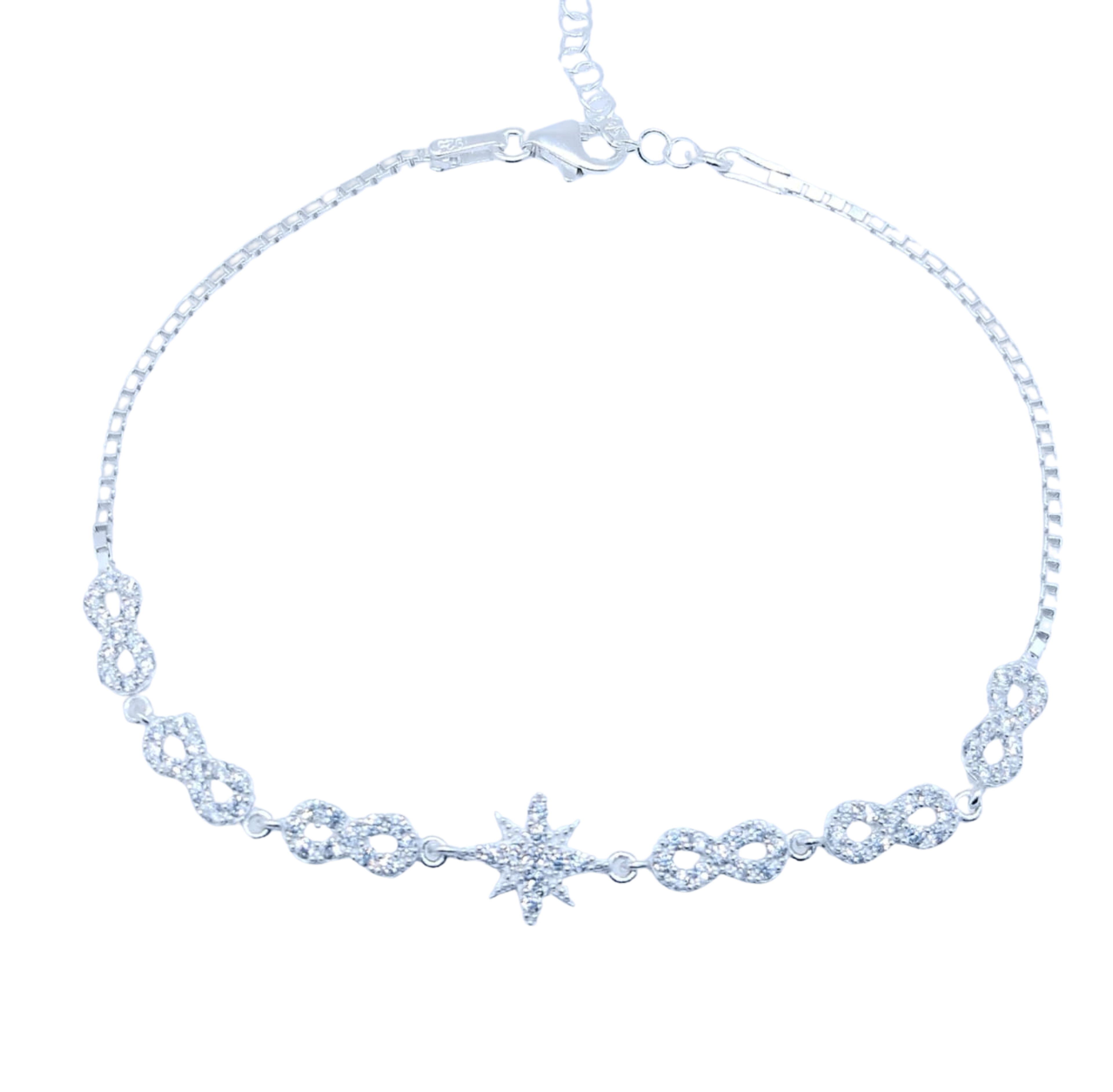 Pulsera Plateada con Infinitos y Destello de Mini Brillos – Plata Italiana