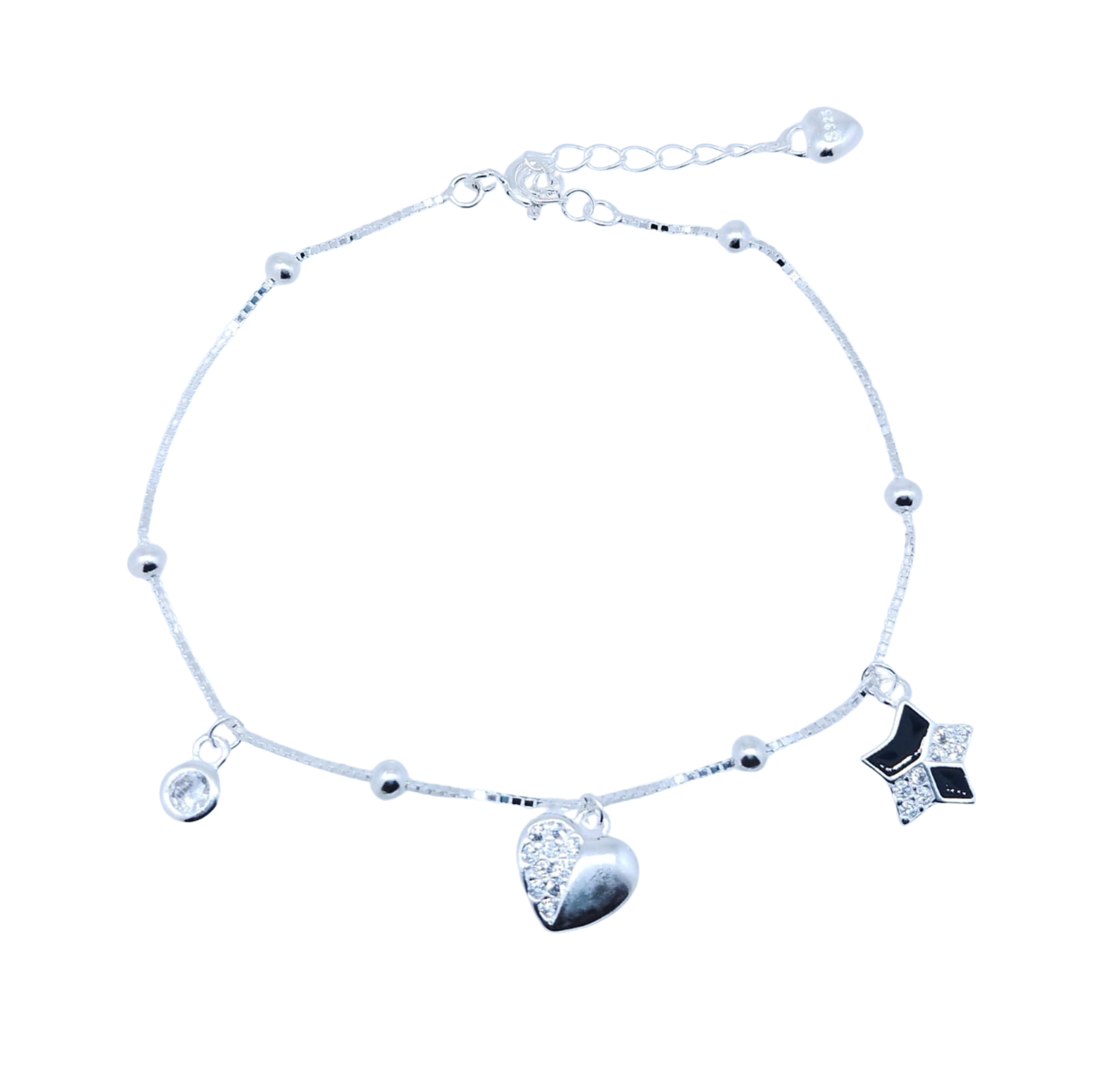 Pulsera Plateada con Dije Estrella, Corazón y Brillo – Plata Italiana