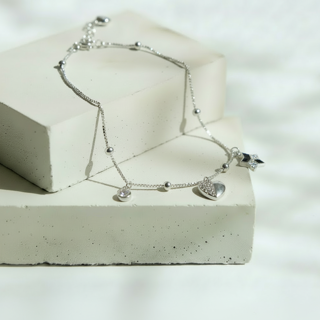 Pulsera Plateada con Dije Estrella, Corazón y Brillo – Plata Italiana