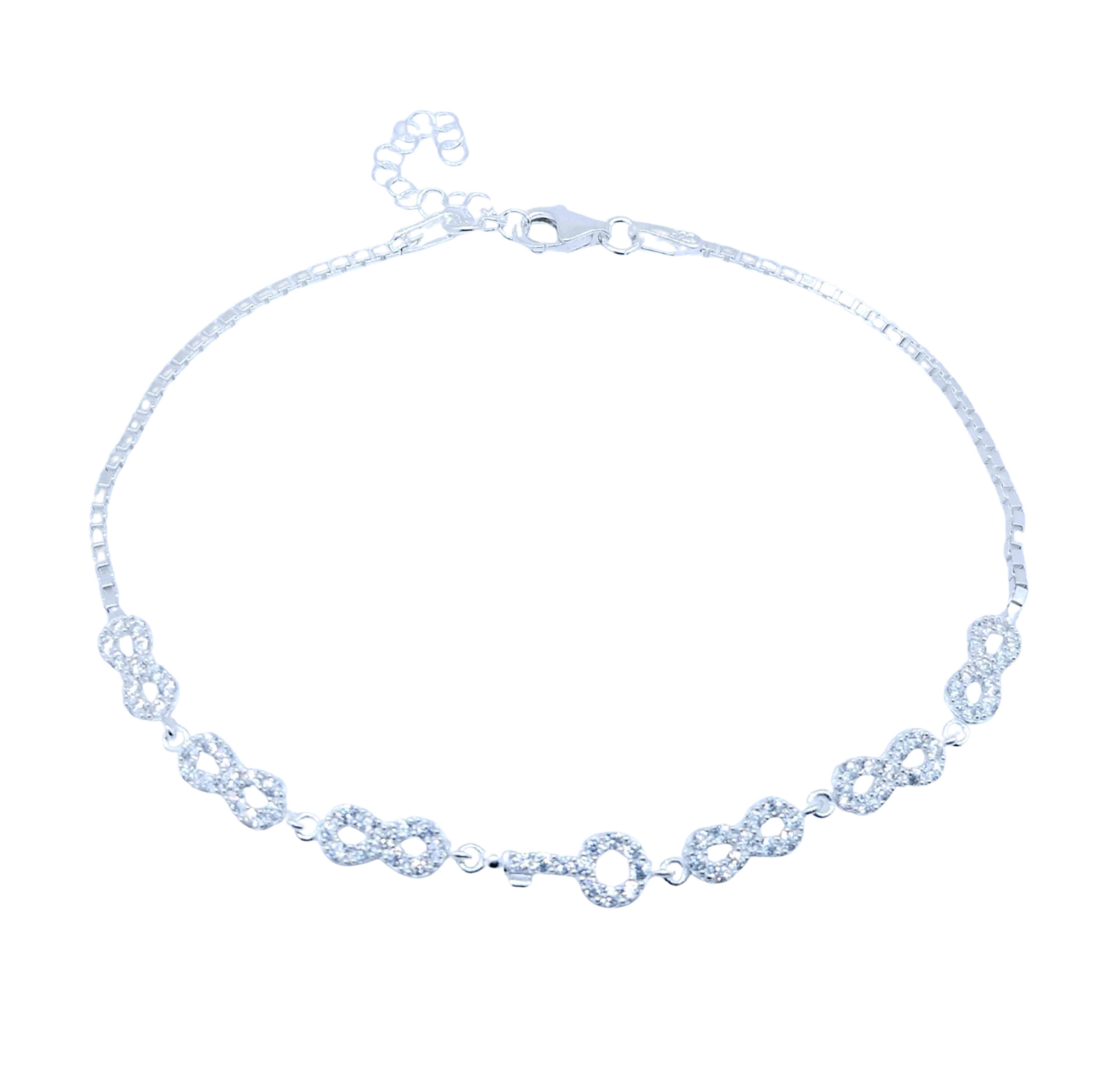 Pulsera Plateada Infinitos y Llave con Brillos – Plata Italiana