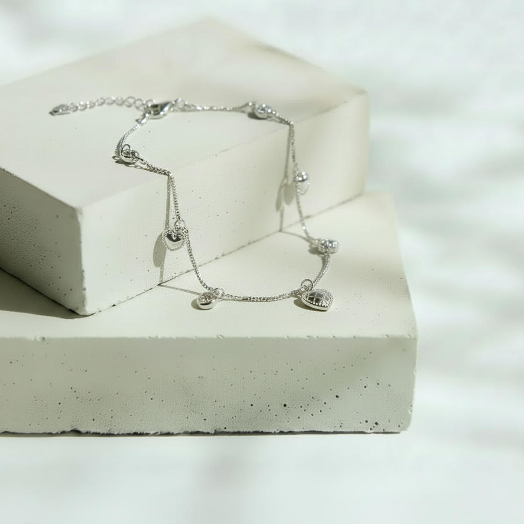 Pulsera Plateada Dije Corazón con Brillos – Plata Italiana