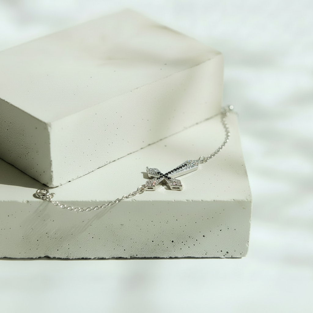 Pulsera Plateada Cruz con Brillos – Plata Italiana