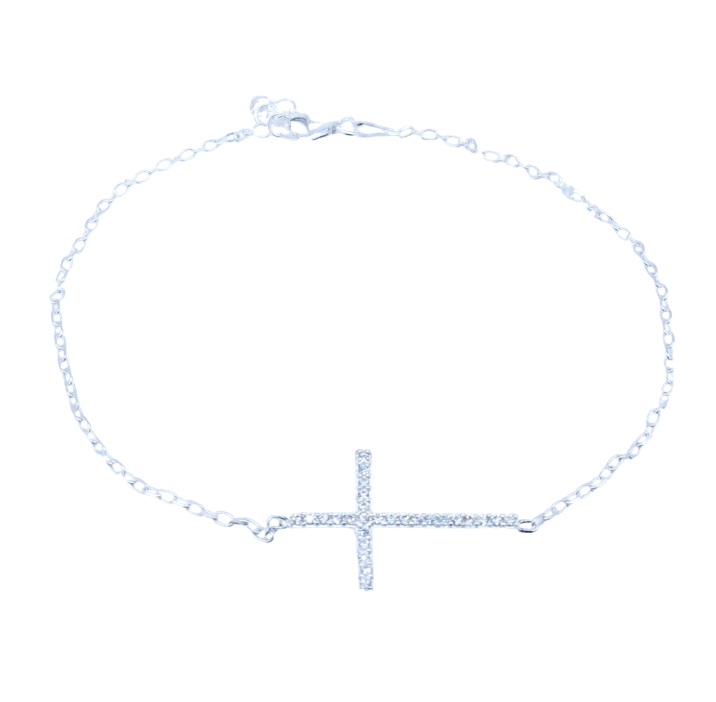 Pulsera Plateada Cruz Delgada con Brillos – Plata Italiana