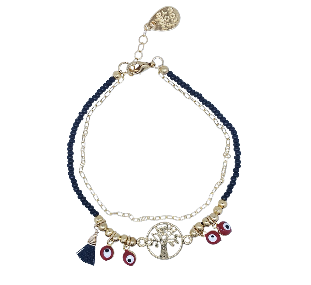 Pulsera Doble Cadena y Bolitas Negras con Dije Ojo Turco y Árbol - Chapa de Oro
