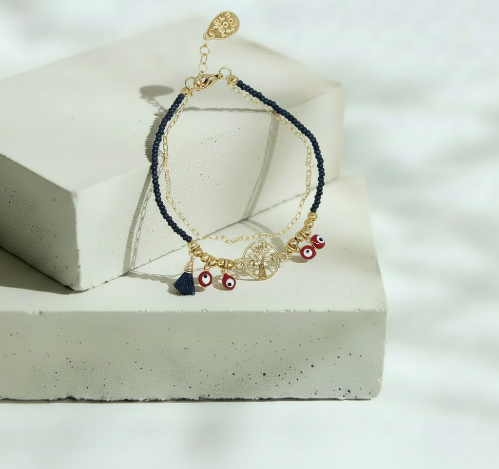 Pulsera Doble Cadena y Bolitas Negras con Dije Ojo Turco y Árbol - Chapa de Oro
