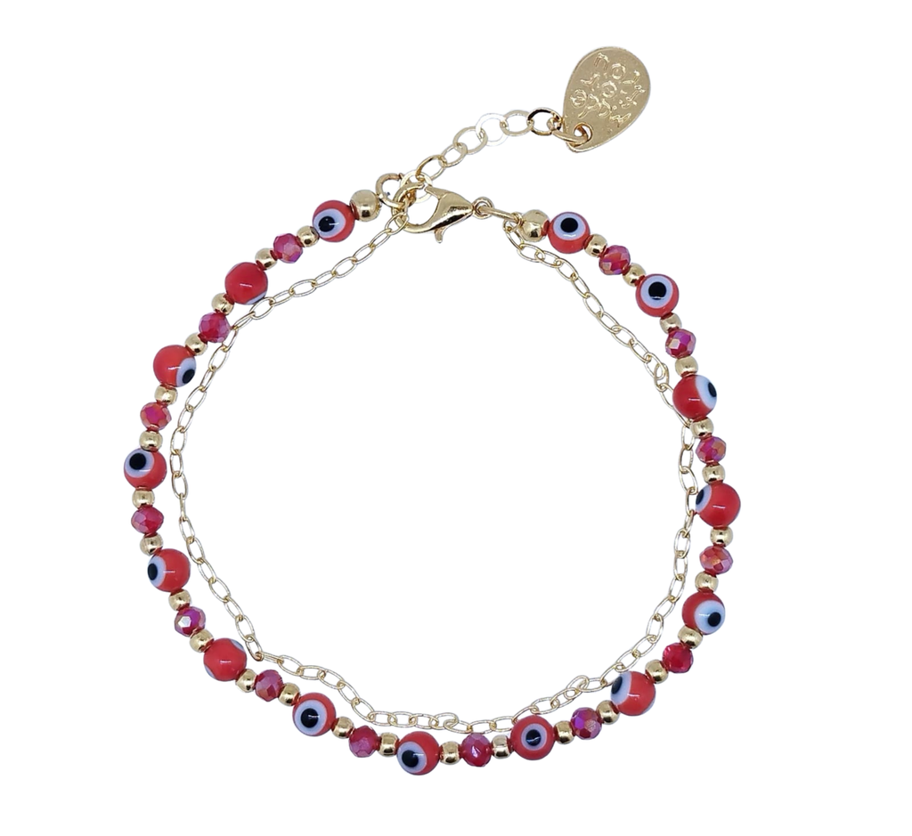Pulsera Doble Cadena y Ojos Turcos en Color Rojo - Chapa de Oro