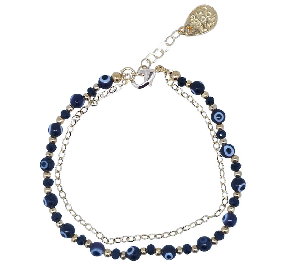 Pulsera Doble Cadena y Ojos Turcos en Color Negro - Chapa de Oro