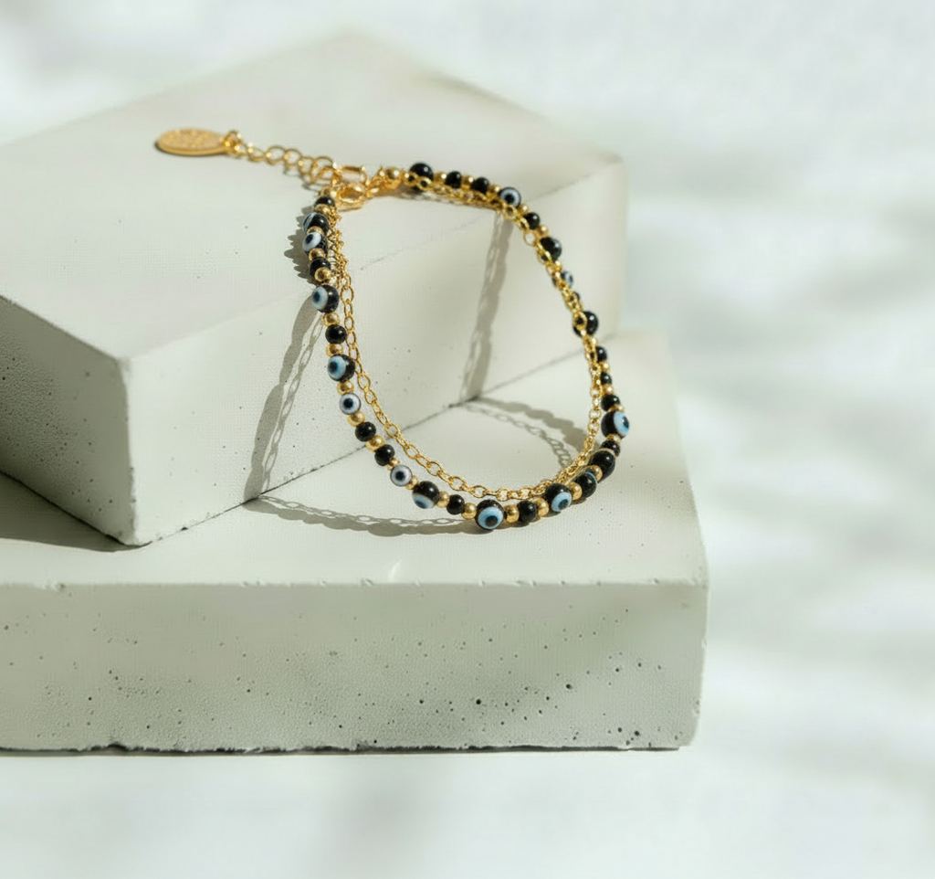Pulsera Doble Cadena y Ojos Turcos en Color Negro - Chapa de Oro