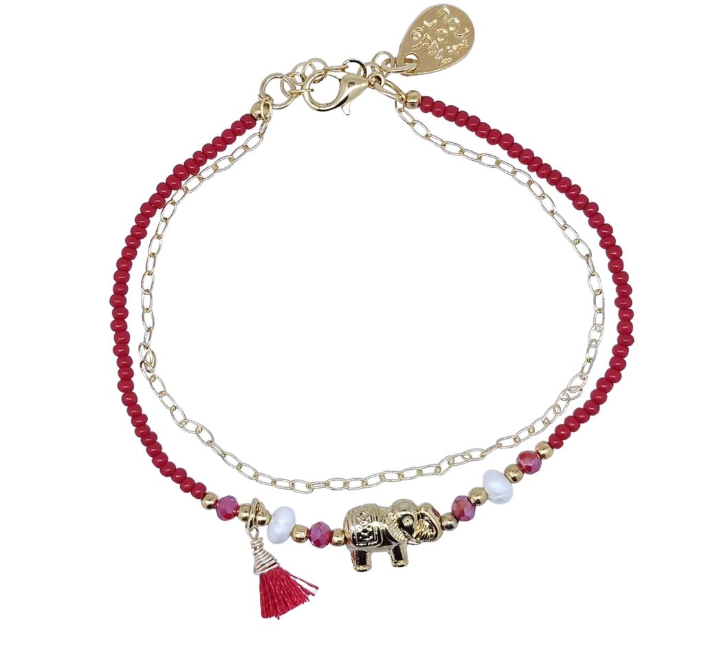 Pulsera Doble Cadena y Bolitas Rojas con Dije Elefante - Chapa de Oro