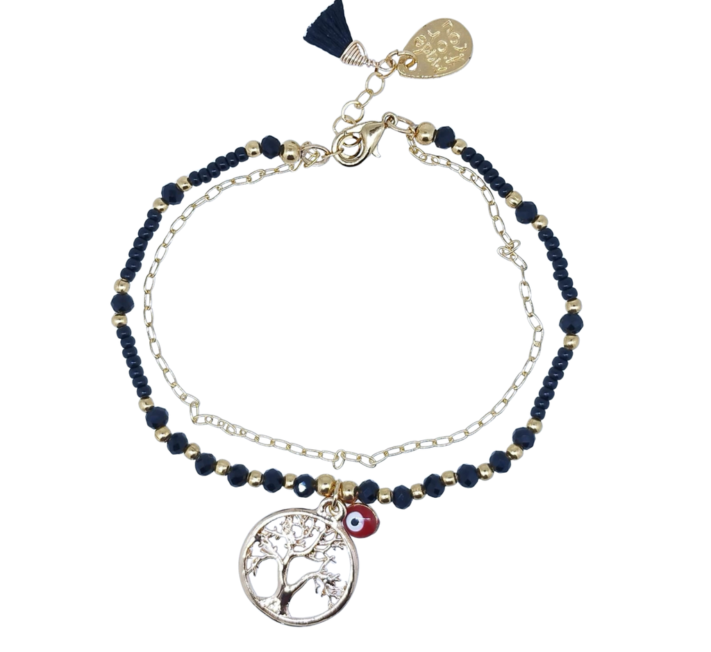 Pulsera Doble Cadena y Bolitas Negras con Dije de Árbol - Chapa de Oro