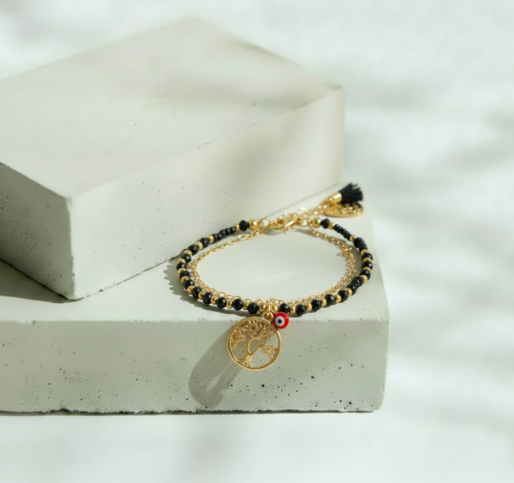 Pulsera Doble Cadena y Bolitas Negras con Dije de Árbol - Chapa de Oro