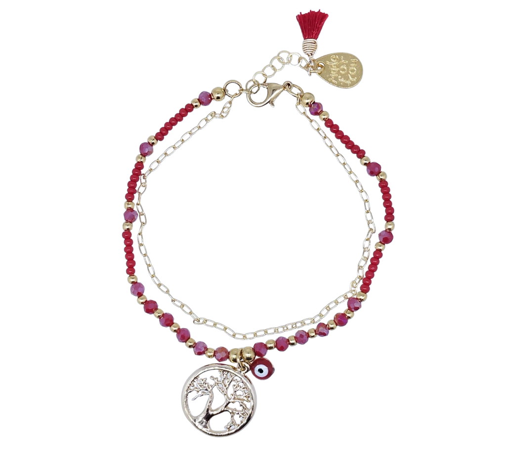 Pulsera Doble Cadena y Bolitas Rojas con Dije de Árbol - Chapa de Oro
