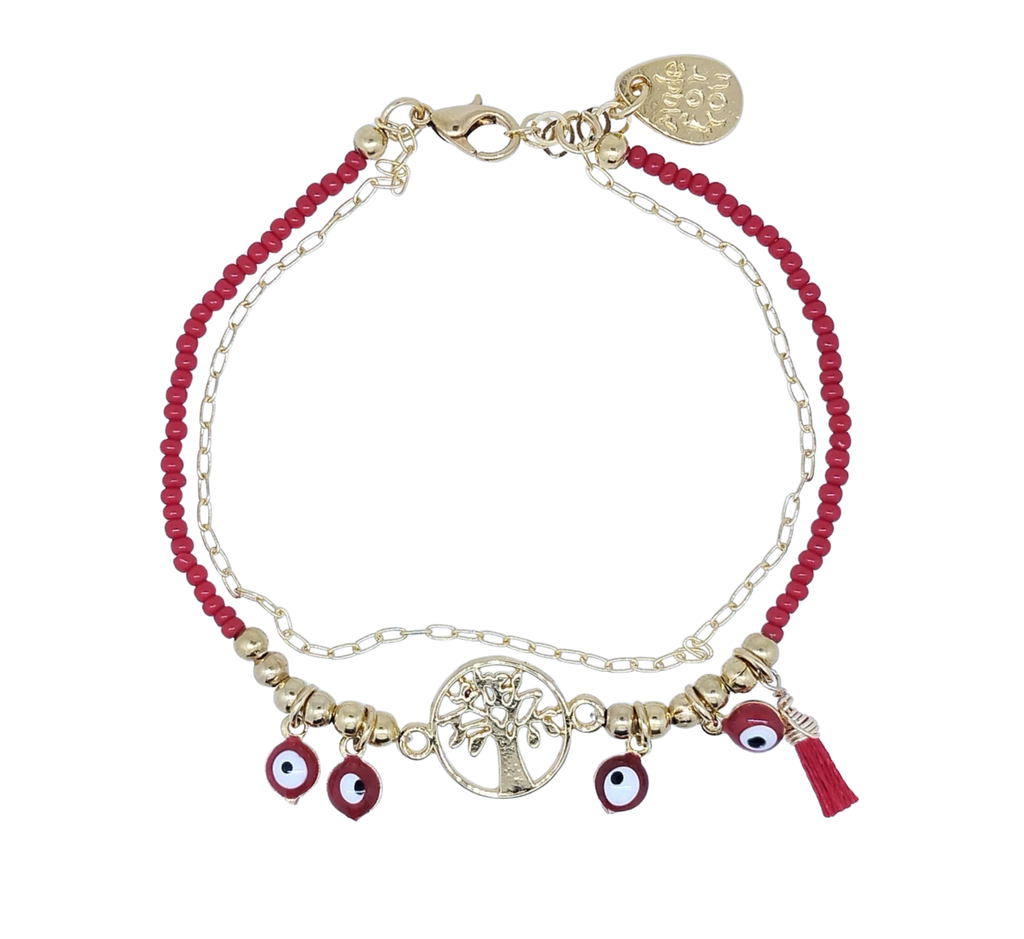 Pulsera Doble Cadena y Bolitas Rojas y Doradas con Ojo Turco y Dije de Árbol - Chapa de Oro