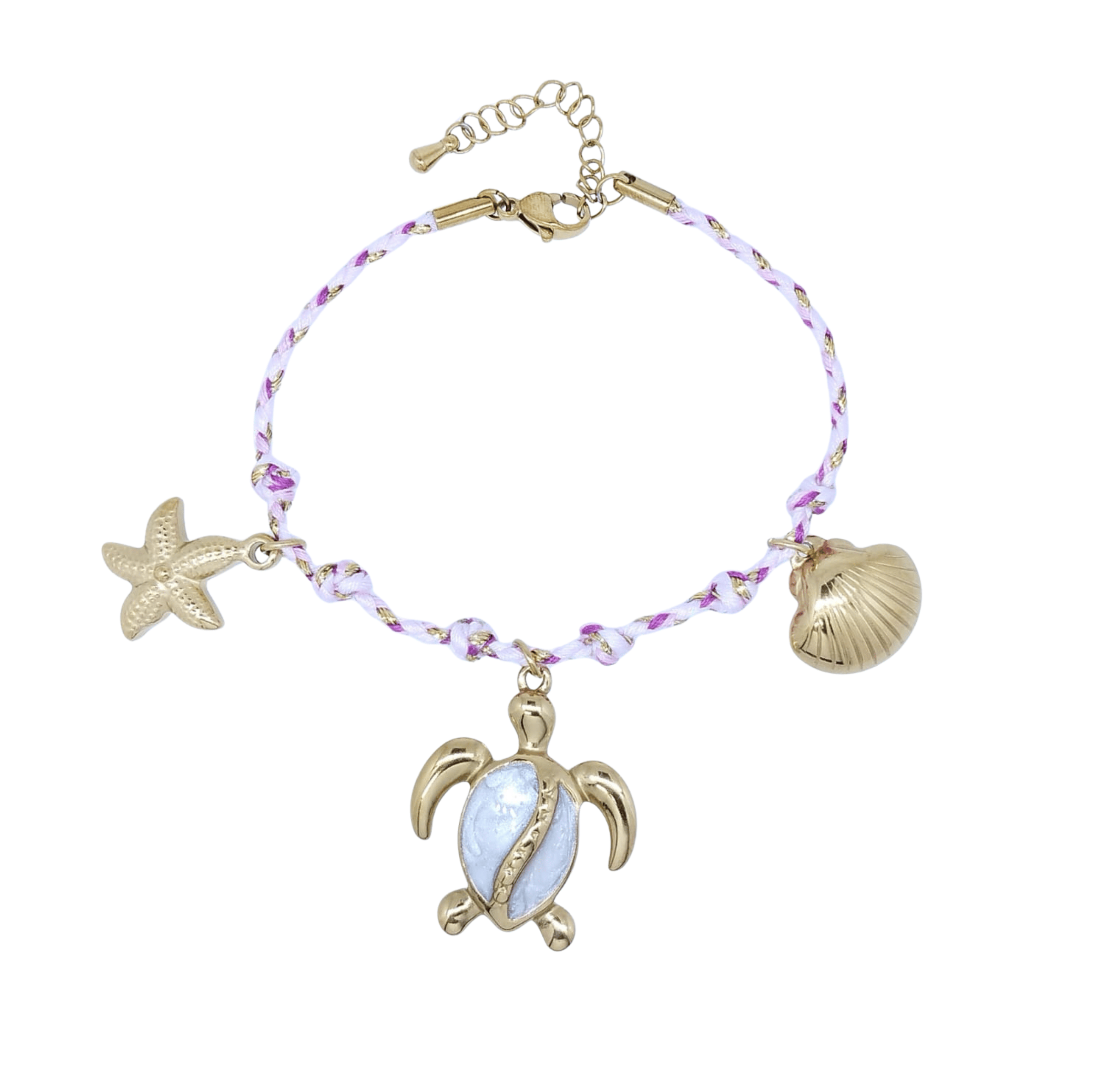 Pulsera Tejida Rosa y Blanca con Dijes Dorados de Tortuga Concha y Estrella de Mar - Acero Inoxidable