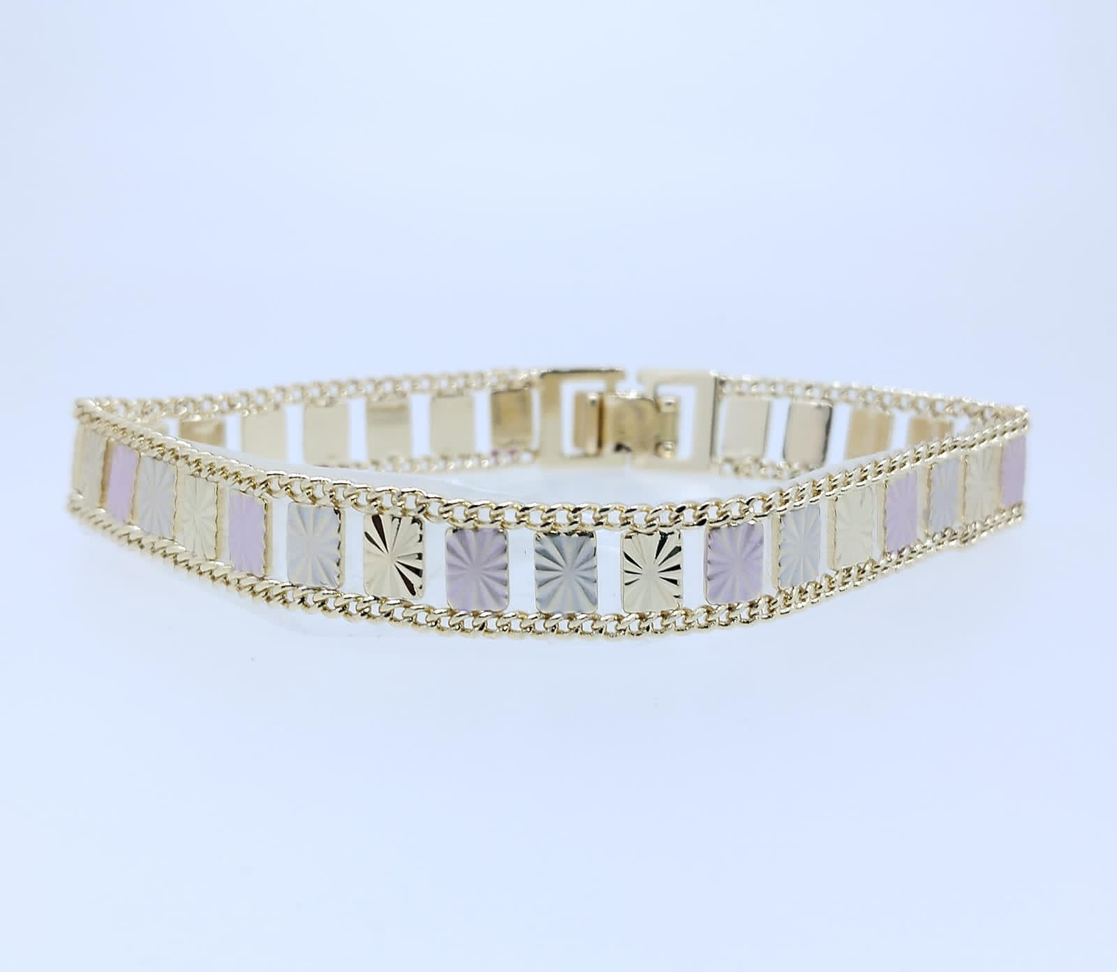Pulsera Acero Figura Cuadritos en 3 tonos Rosado, plata y dorado