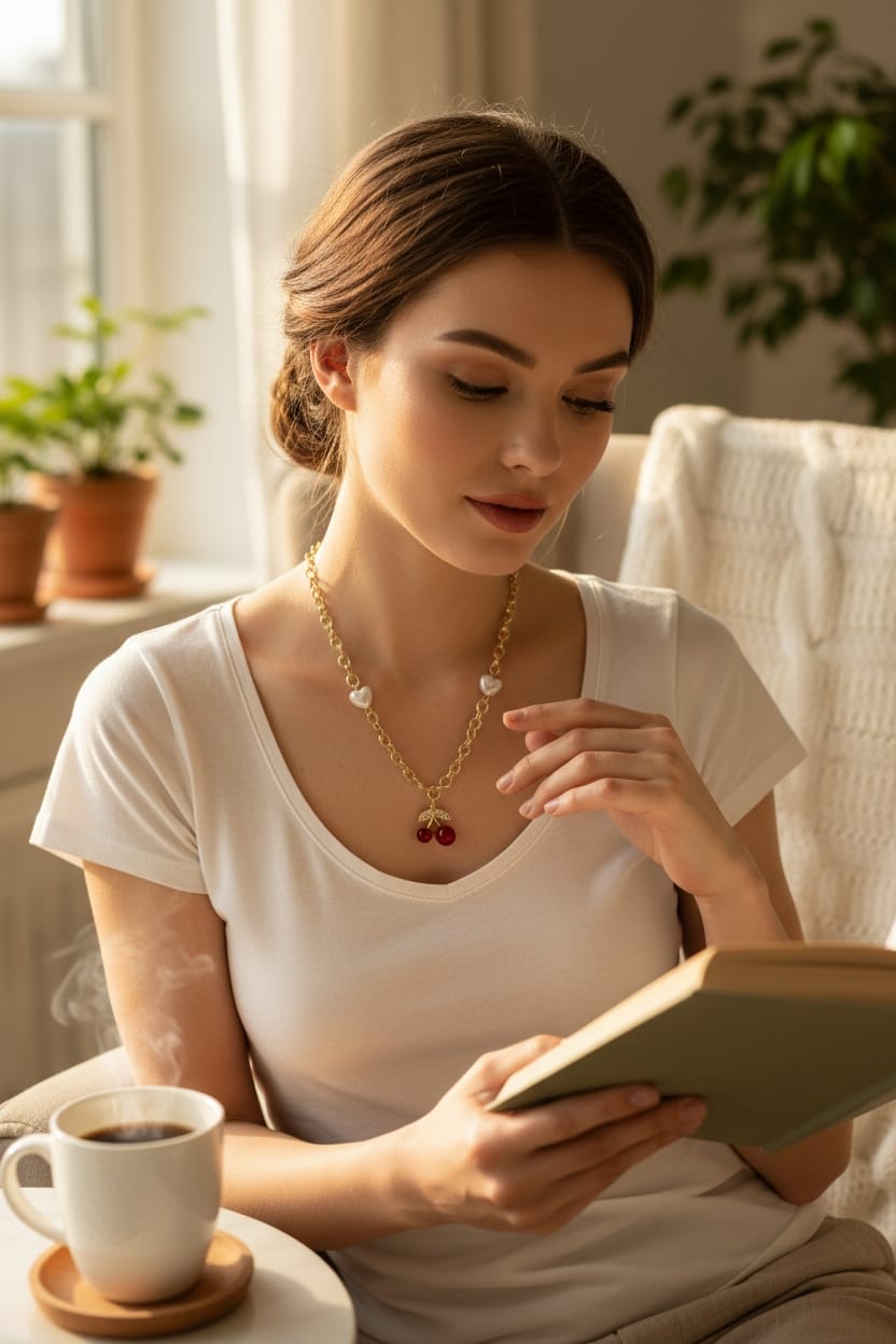 Collar Dorado Estilo Cadena con Corazones Blancos y Cereza Brillante - Acero Inoxidable