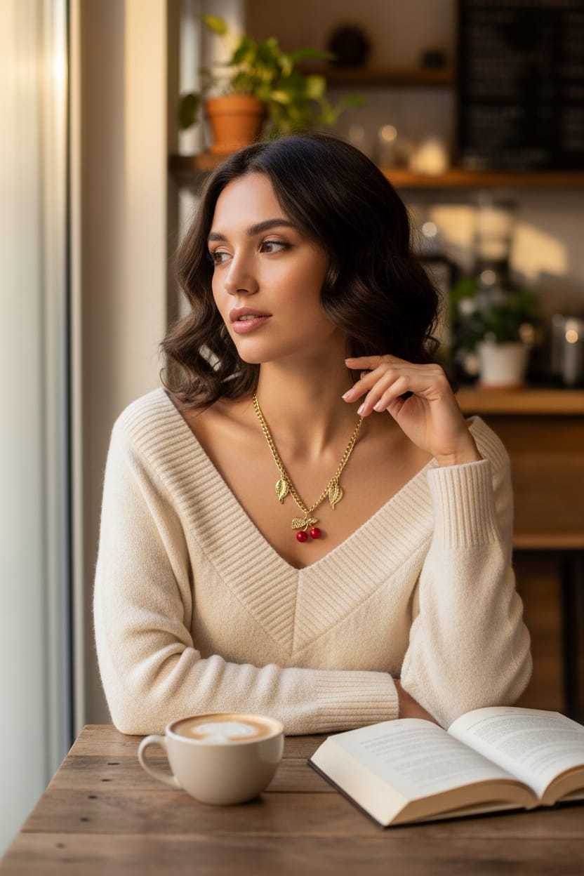 Collar Dorado Estilo Cadena con Cerezas Brillantes - Acero Inoxidable