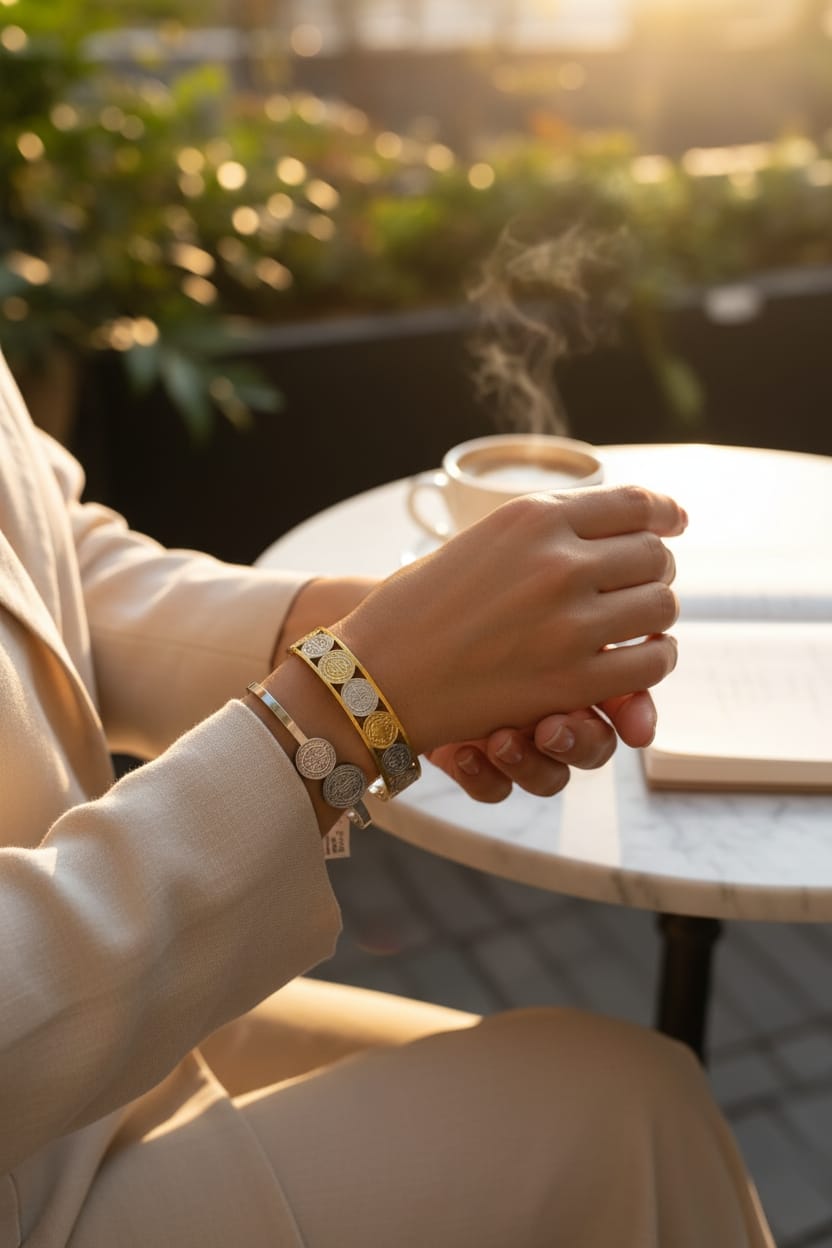 Brazalete San Benito Plata y Dorado Abierto Espiritual - Acero Inoxidable