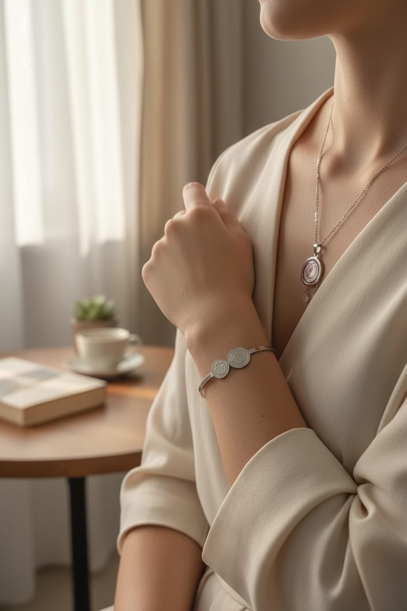 Brazalete San Benito Doble Moneda Plateado - Acero Inoxidable