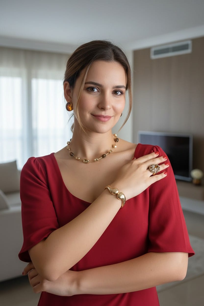 Collar Dorado con Piezas Geométricas y Piedras Café Elegantes - Acero Inoxidable