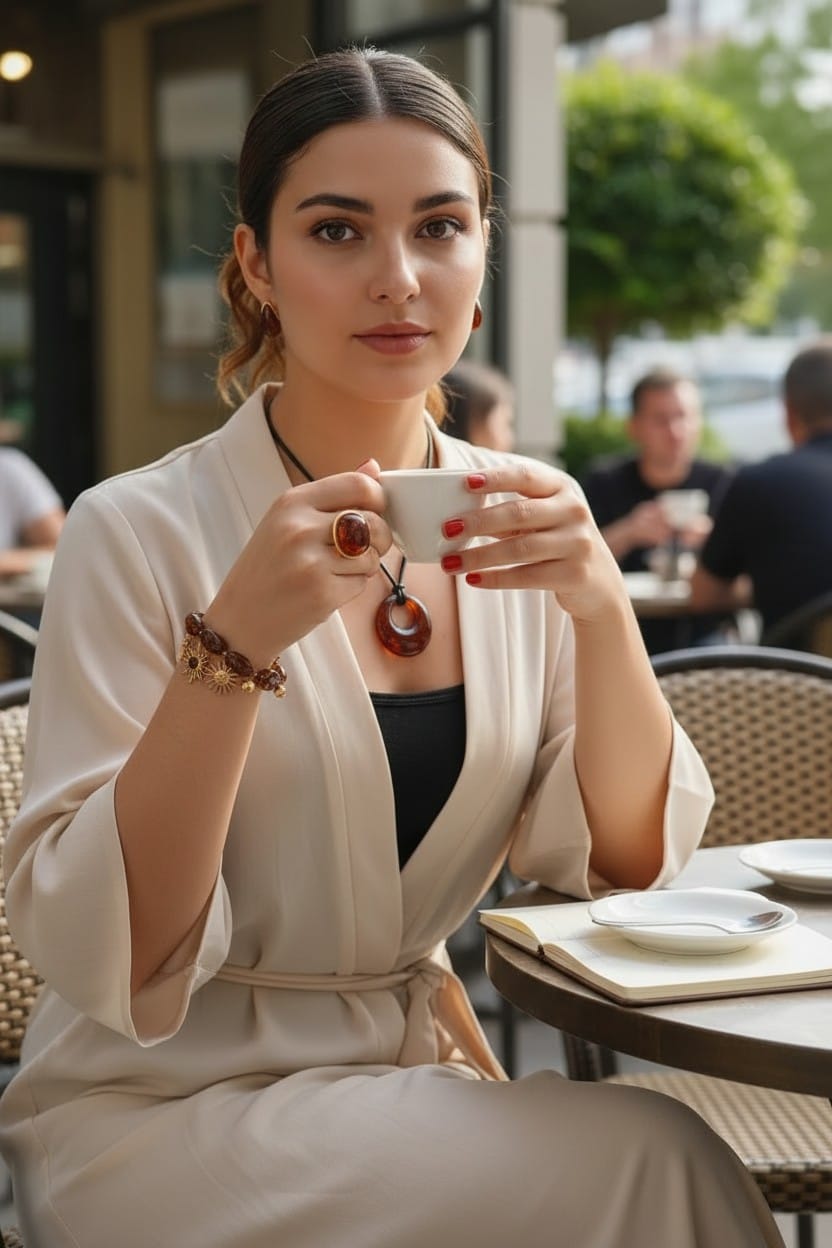 Collar de Cuerda Negra con Dije de Piedra Café Circular - Acero Inoxidable