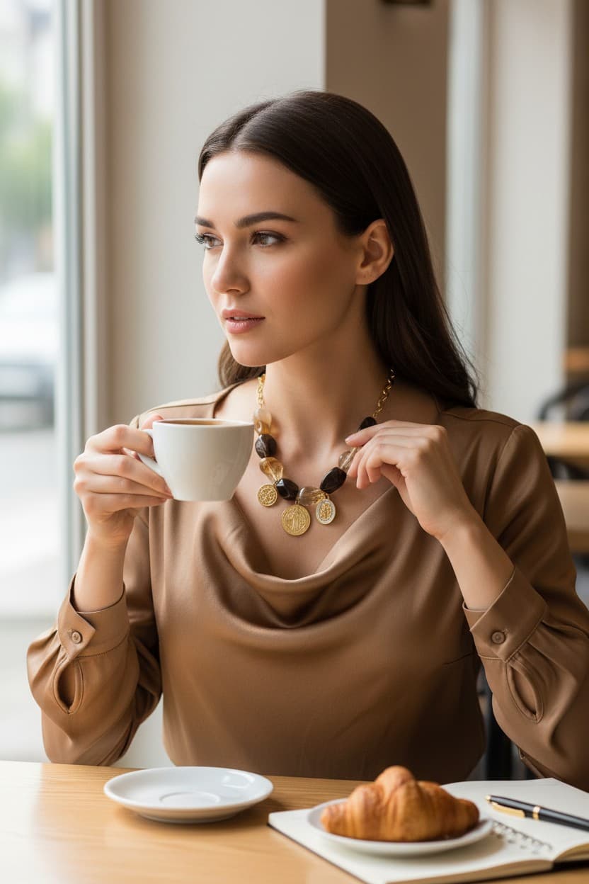 Collar Dorado con Piedras Café y Medalla de San Benito Protectora - Acero Inoxidable