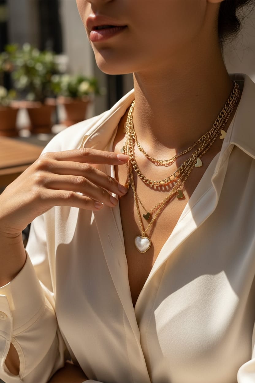 Collar Dorado Triple Cadena con Corazones y Corazón Chunky Blanco Elegante - Acero Inoxidable