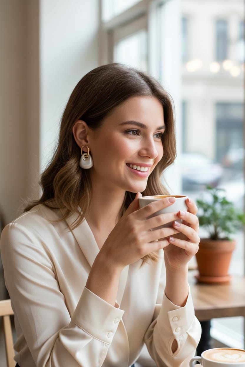 Aretes Colgantes Beige con Detalle Dorado - Acero Inoxidable